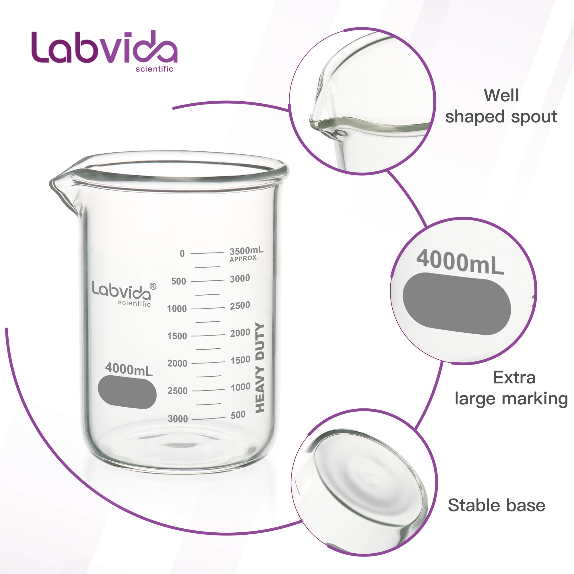 Robuste Glasbecher, Vol.4000 ml, dickwandig, 3,3 Boro-Griffin, niedrige Form mit doppelter Skala, bedruckter Graduierung für Labor, Industrie, Schulen und Zuhause, LVAC016