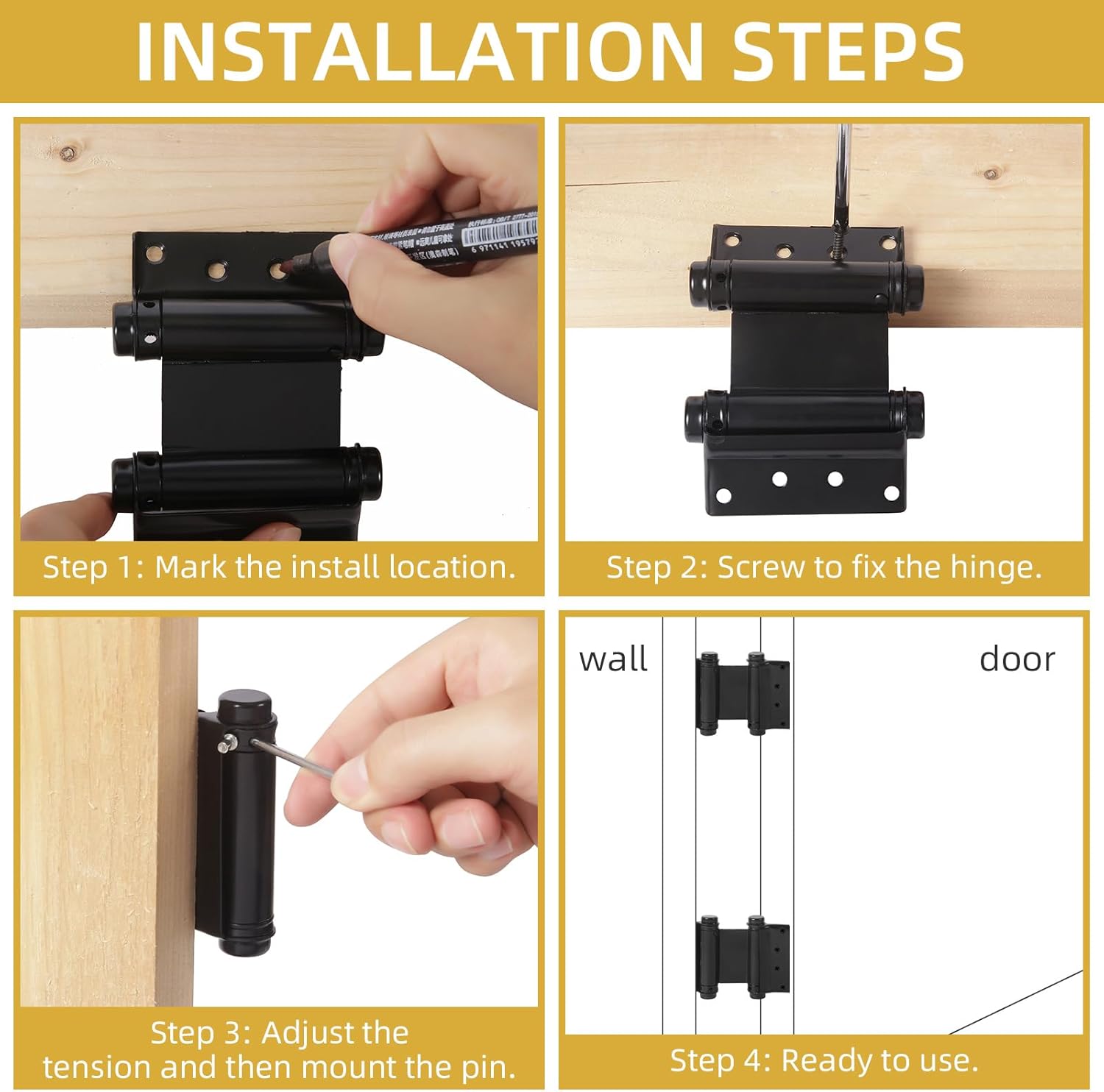 3 Inch Double Action Spring Hinges, 8 Pack Stainless Steel Self Closing Door Hinges Double Swing Hinges with Pins and Screws for Saloon Cafe Pub Swinging Doors, Matte Black