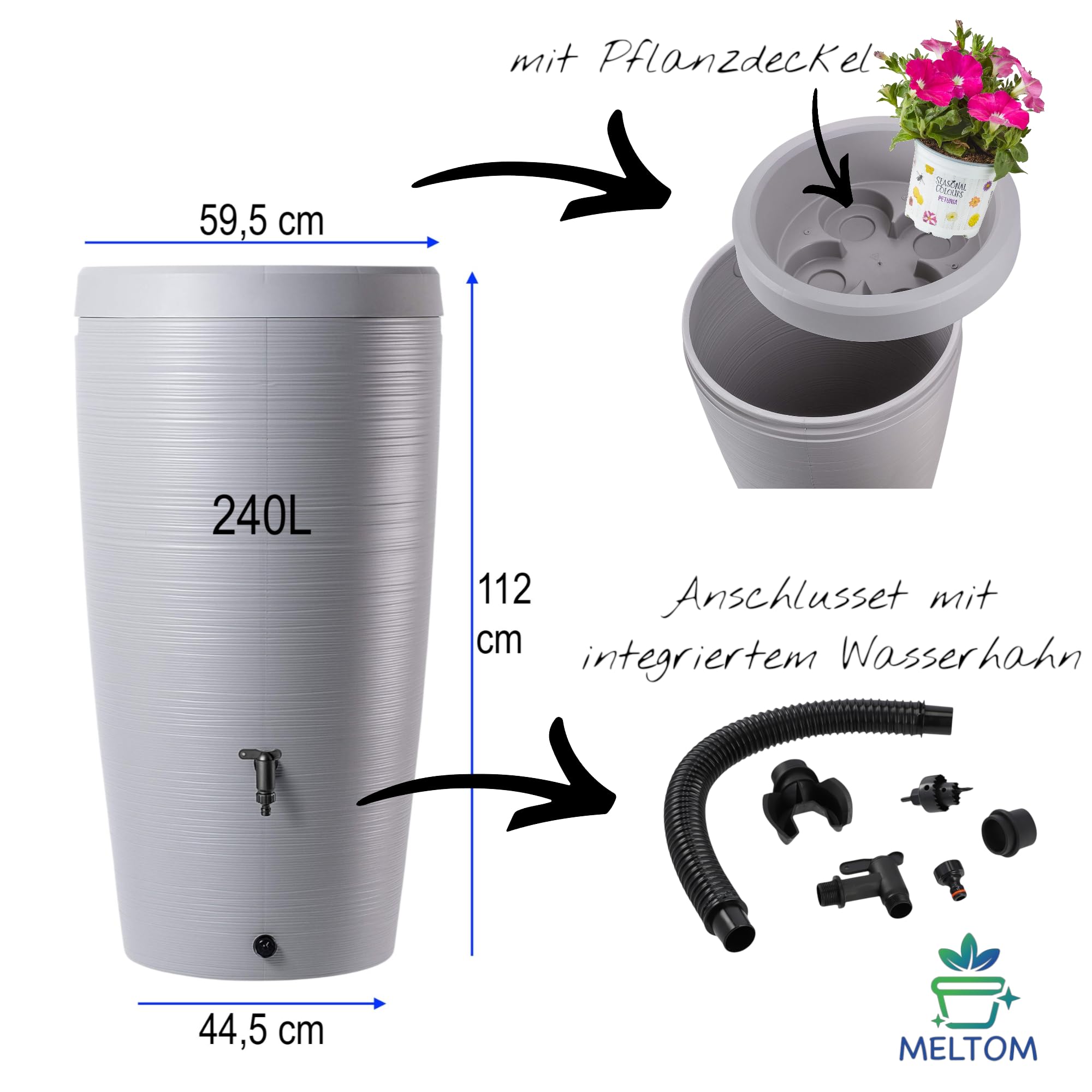 Regentonne mit Pflanzschale 2-in-1 240L – Wassertonne mit Auslaufhahn & Deckel – Regenfass mit Pflanzbereich – Wasserspeicher für Garten (Hellgrau)