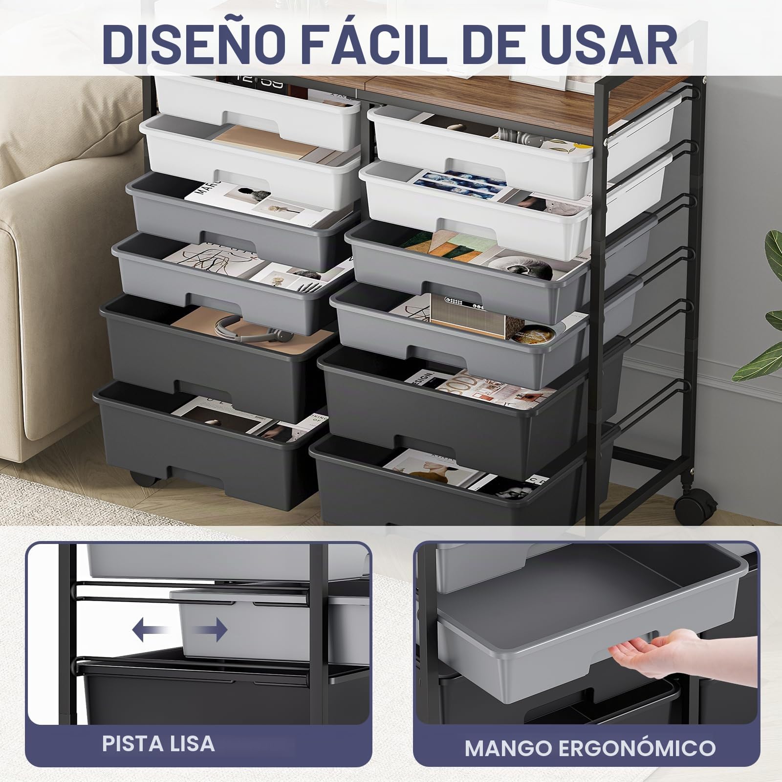 Carrito con 12 cajones - Rollcontainer - Carrito de almacenamiento para baño - en plástico, carrito multiuso para bricolaje, carrito de herramientas y almacenamiento con encimera imitación madera
