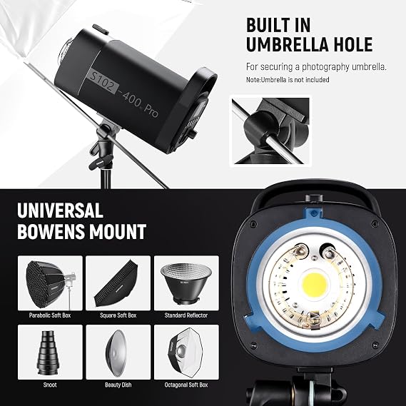 NEEWER S102-400W PRO Flash Lighting Kit (2 Pack) with 2X 2.4G Trigger, 2X Photography Light Stand, 2X Softbox, 5 in 1 Reflector, Bag, 400Ws GN62 5600K 30W LED Modeling Lamp Bowens Mount Silent Fan