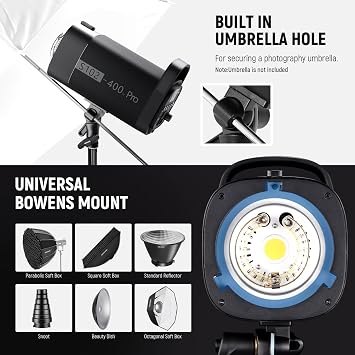 NEEWER S102-400W PRO Flash Lighting Kit (2 Pack) with 2X 2.4G Trigger, 2X Photography Light Stand, 2X Softbox, 5 in 1 Reflector, Bag, 400Ws GN62 5600K 30W LED Modeling Lamp Bowens Mount Silent Fan
