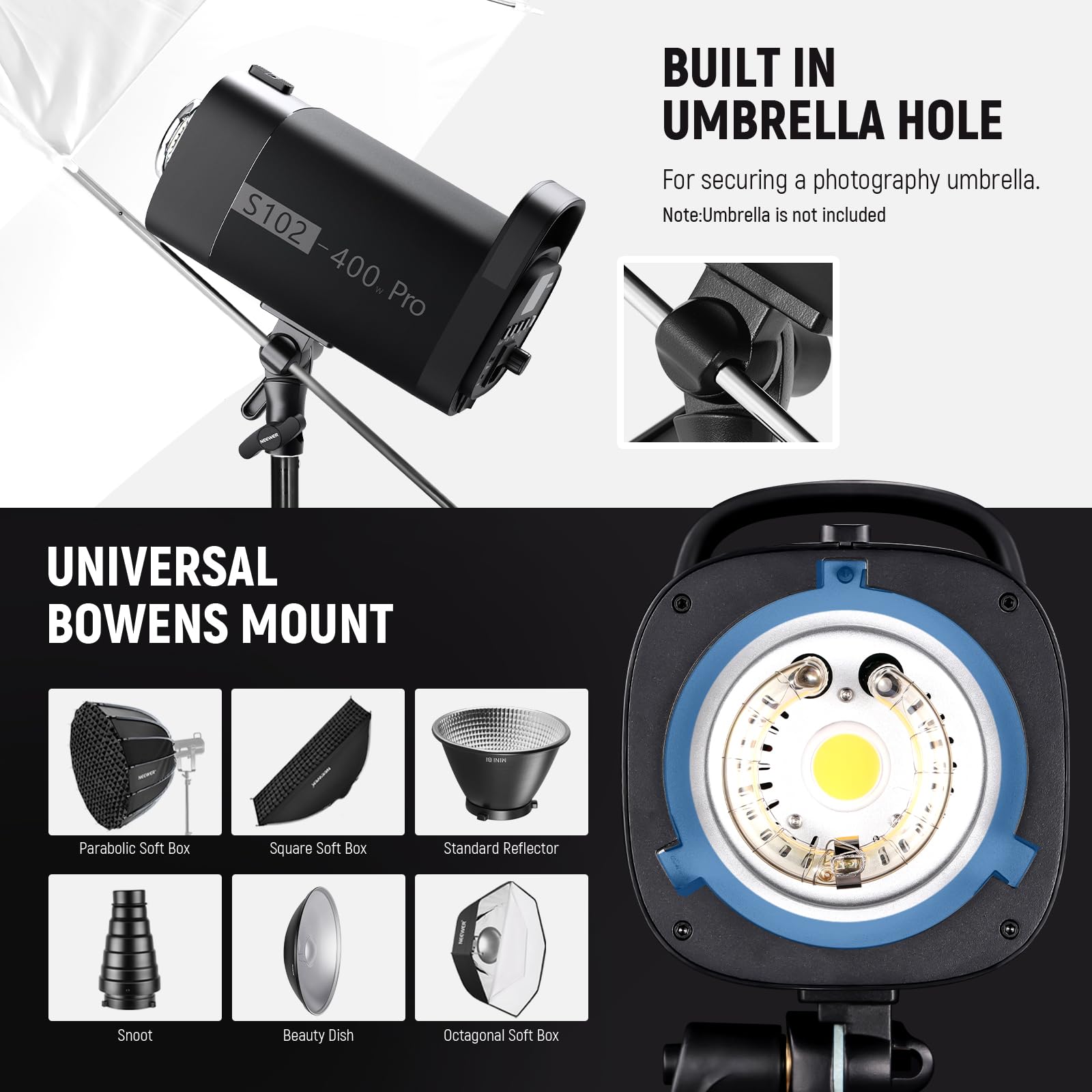 NEEWER S102-400W PRO lampa błyskowa zestaw (2 sztuki) z 2 wyzwalaczami 2 x 2,4 G, 2 x statyw świetlny do zdjęć, 2 x softbox, reflektor 5 w 1, torba, 400 W, GN62 5600 K 30 W, lampa regulacyjna LED