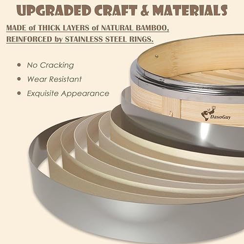 Miniatura 8 de Cesta para cocinar al vapor de bambú, con borde reforzado de acero inoxidable, cesta de vapor de 2 niveles de 25 cm, 50 forros, palillos, plato de