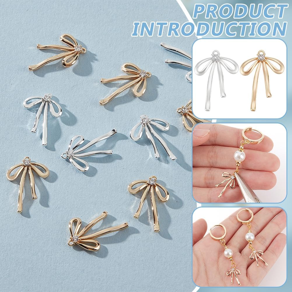 BENECREAT 12Pcs 2 Colors Real 18K Gold Plated & Platinum Brass Bowknot Pendant, 0.75x0.5x0.1inch Micro Pave Clear Cubic Zirconia Pendants for DIY Earrings Necklaces Bracelets, Hole: 1mm - Image 4