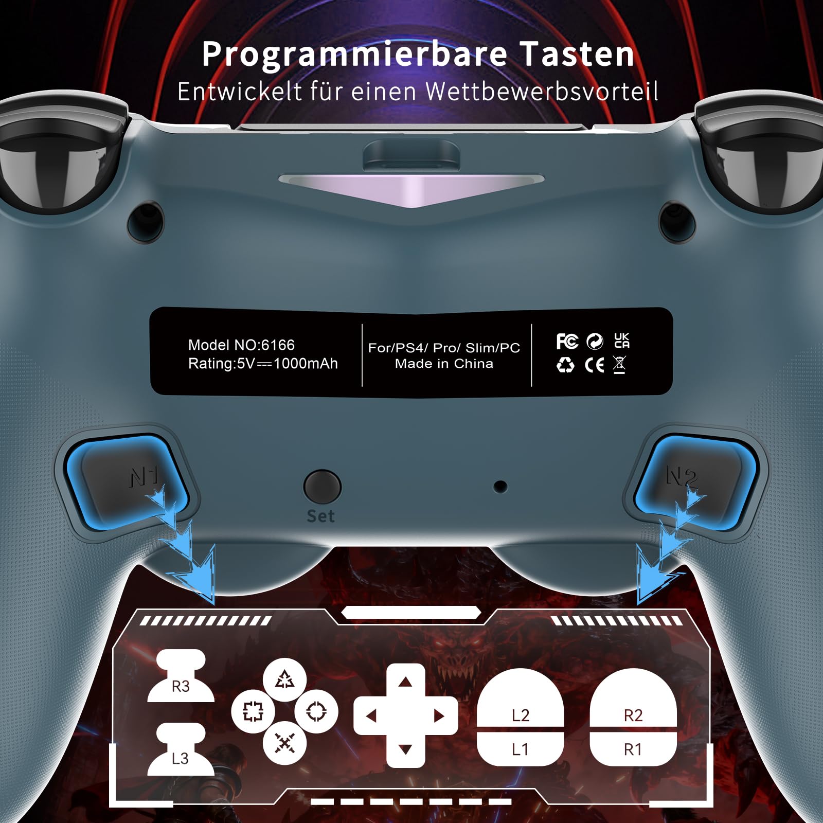ancihdgm Manette sans fil pour PS4, manette compatible avec PlayStation 4/Pro/Slim/PC/P3/Android/IOS, la manette PS4 est équipée d'une double vibration/gyroscope à 6 axes/lumière RVB/1000 mAh