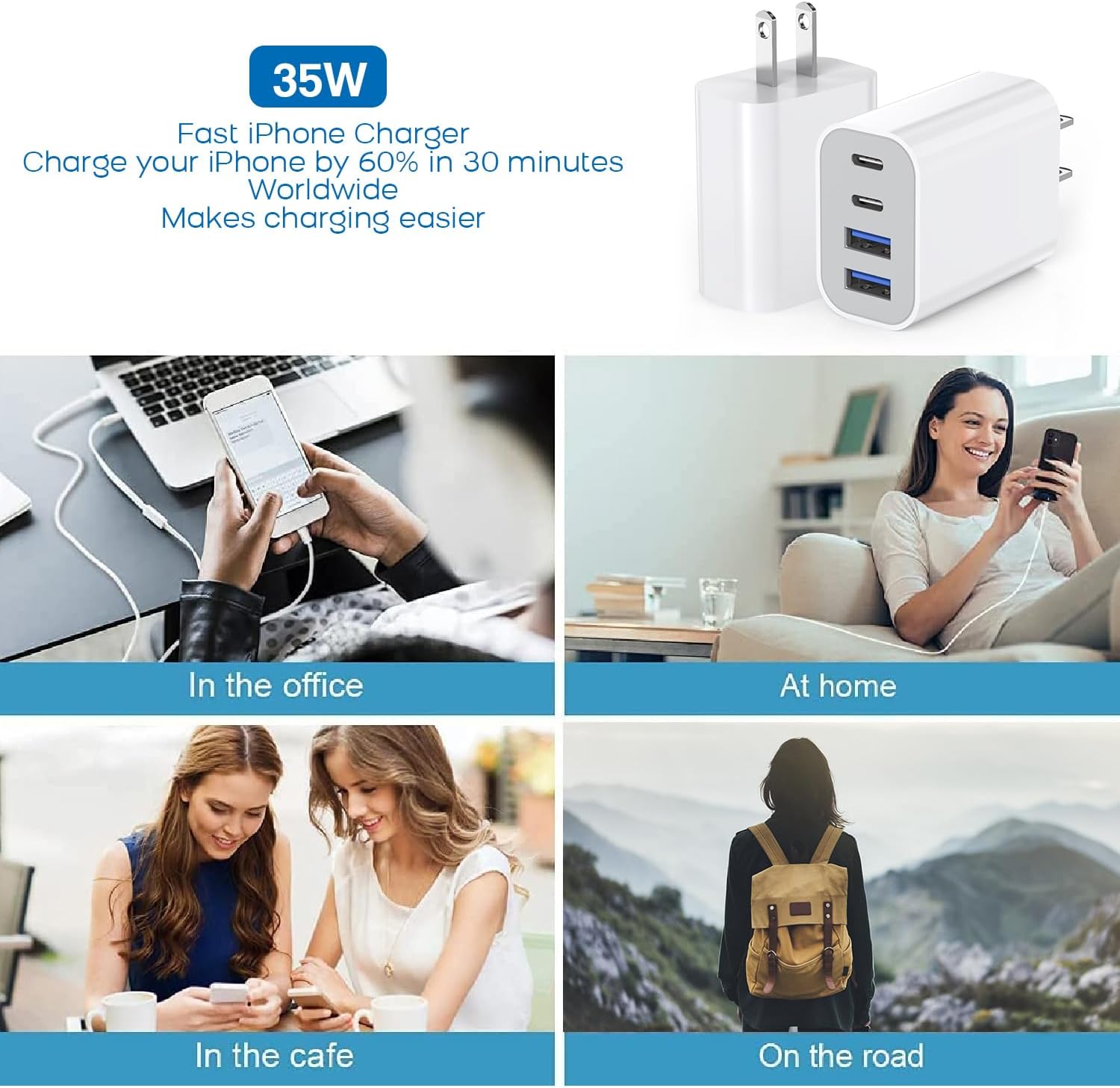 35W Apple iPhone 16 Pro Adapter,3Pack 4-Port Quick Charger Block USB C MultiPort PD Plug Adapter+QC Double Type C Adapter Fast Charging for iPhone 16/16 Pro/15/15 Pro/14/13/12/11 Pro Max/XR/X/8/7/iPad White image 7 of 7 B0DHXD6GKX