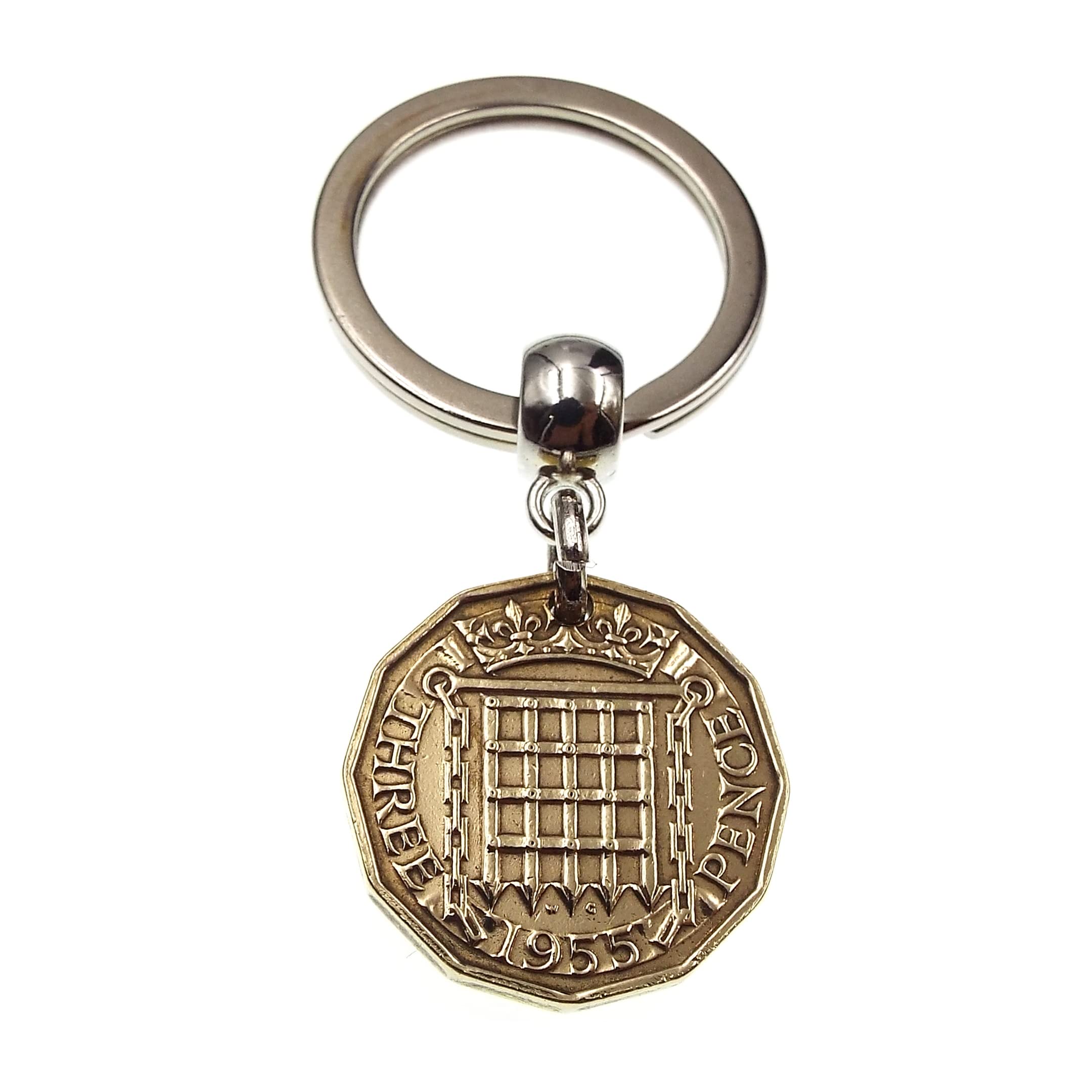 A Silver Dream 1955 Brass Threepence Coin Keyring Birthday Anniversary Retirement His Hers Men Women