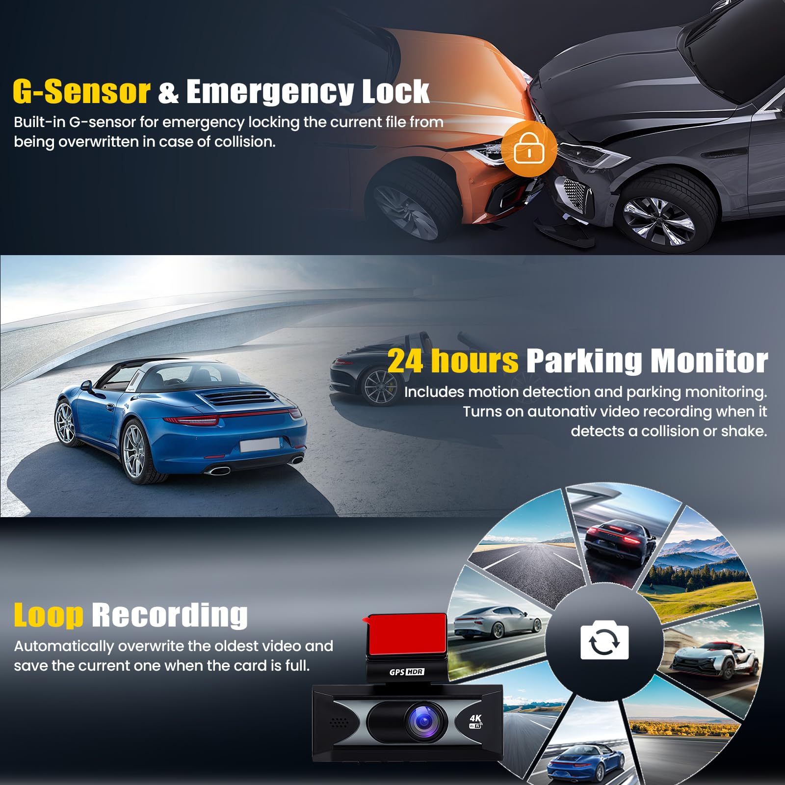 4K + 2,5K Cámara para Coches, Delantera y Trasera, Pantalla IPS de 3,16 Pulgadas, WiFi y GPS de 5 GHz Integrados, ADAS, Sensor G, Visión Nocturna Superior, Grabación en Bucle