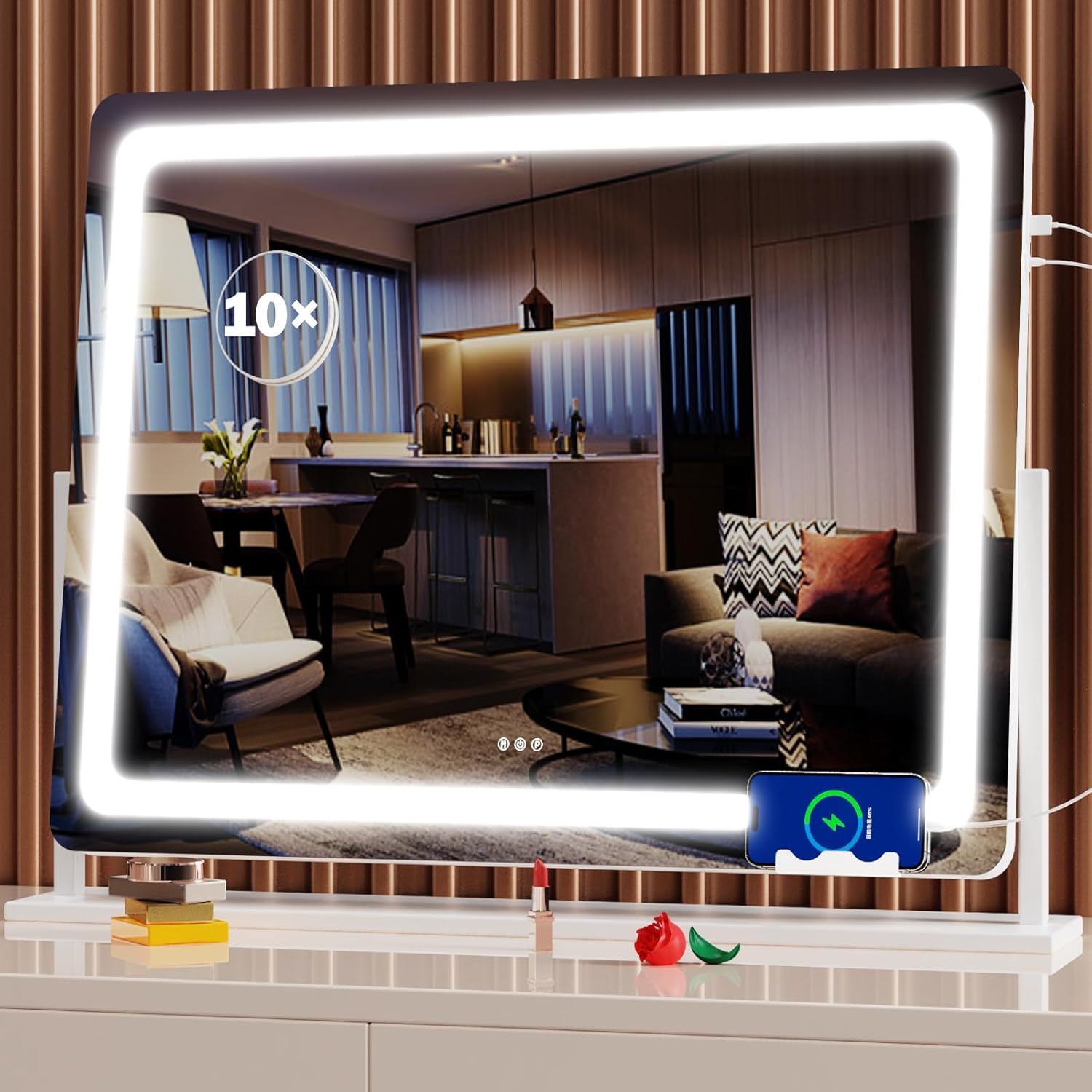 Makeup Vanity Mirror with Lights - 22WX18L Large LED Lighted Mirror with 10X Magnification and USB Charging Port, Phone Holder, Smart Touch 3 Colors Dimmable, 360 Rotation, White,