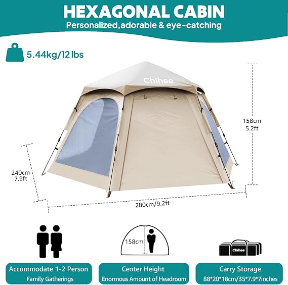 Chihee Camping Tents Pop Up Hexagonal Tent Easy Setup Instant PU Coated Polyester Family Cabin with Rainfly Waterproofing UV Protection Winproof Outdoor Shelter 2 Doors 4 Windows Mesh Ventilation