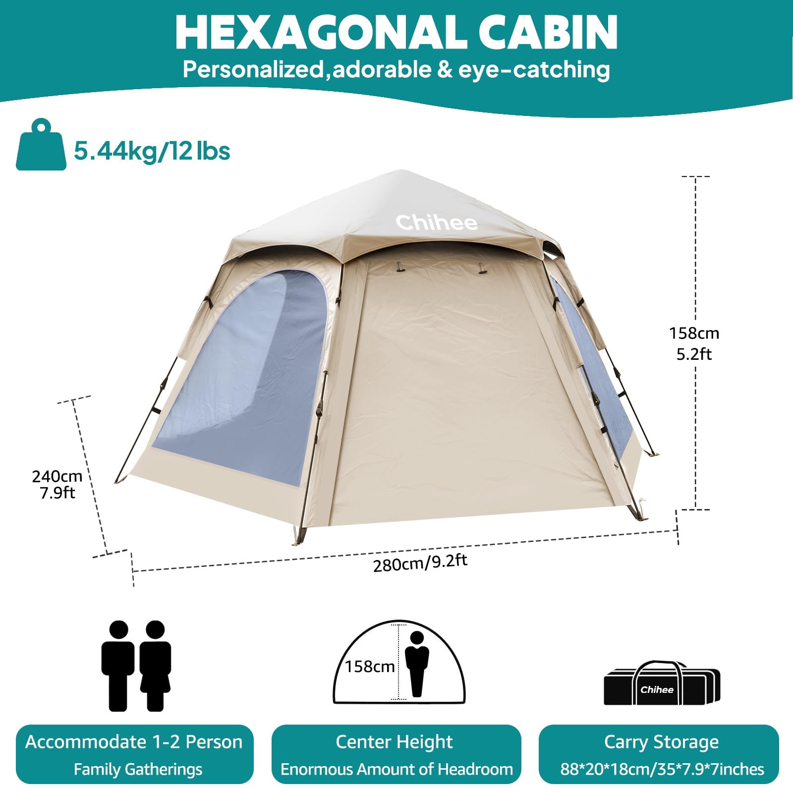 Chihee Tiendas de campaña Pop Up Tienda Hexagonal Fácil de Montar Instantánea Recubierta de PU Poliéster Cabaña Familiar con Toldo Impermeable Protección UV A Prueba de Viento Refugio al Aire Libre