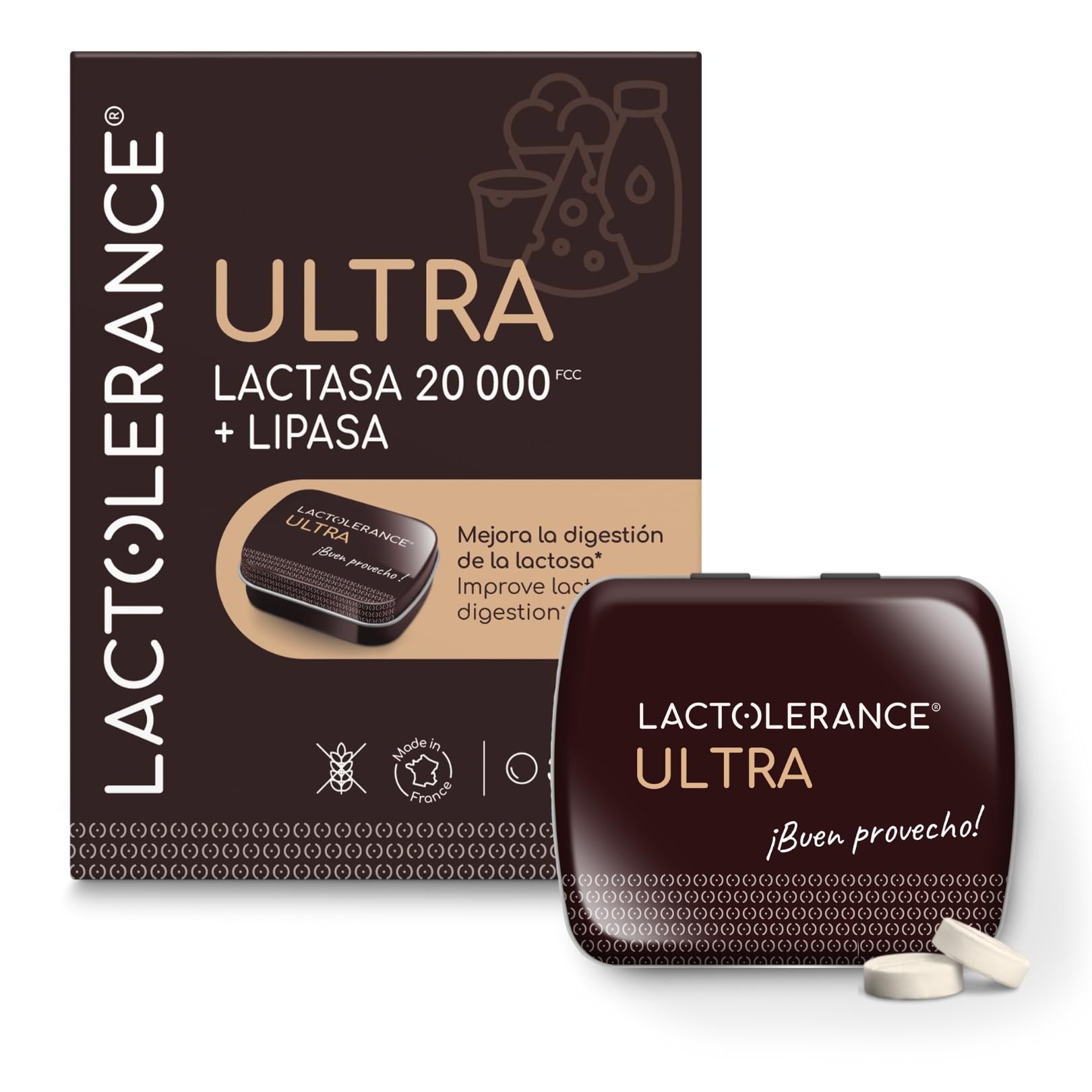 LACTOLERANCE ULTRA - Alta concentración de lactasa (20.000 FCC) y lipasa (500 UI) - Doble acción para la digestión de lactosa y grasas - Envase de 36 comprimidos - Fabricado en Francia