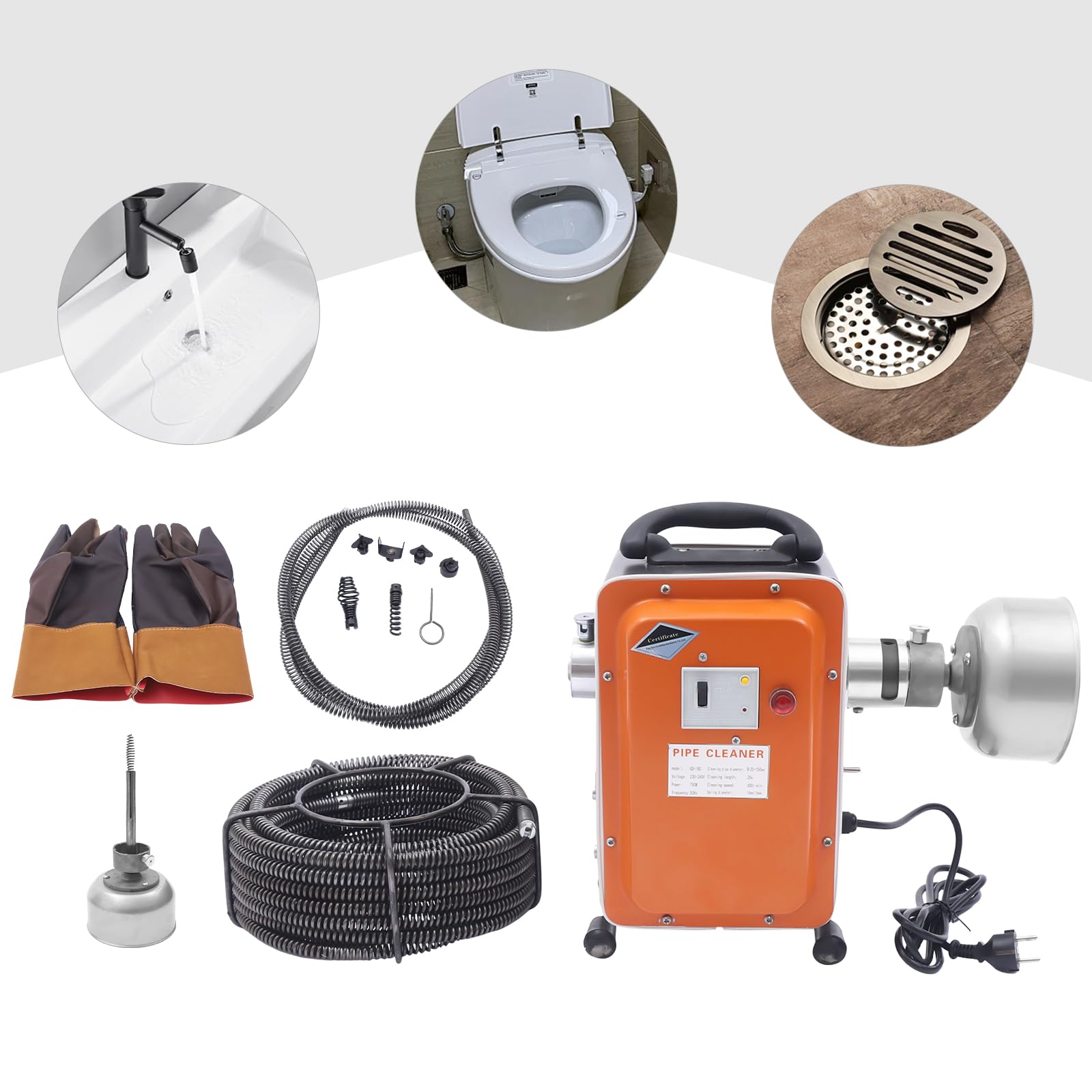 Limpiador de tuberías de 750 W, velocidad de limpieza de 400 rpm, espiral eléctrica, limpieza de tuberías para tuberías de 20 – 150 mm, inodoro, alcantarillado, bañera, fregadero de cocina, con