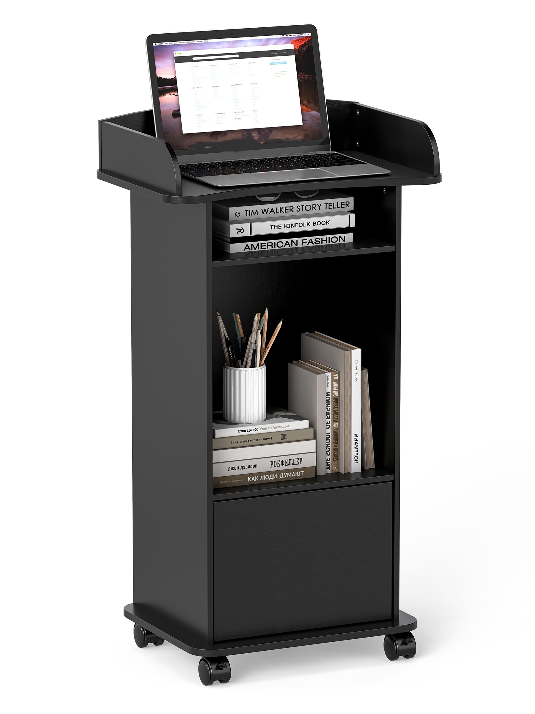 Nisorpa Stojące biurko na podium, 60 x 40 x 100 cm, mobilny pulpit mówniczy na kółkach, drewniane podium, do klasy, sali wykładowej, audytorium, sali konferencyjnej, kolor czarny