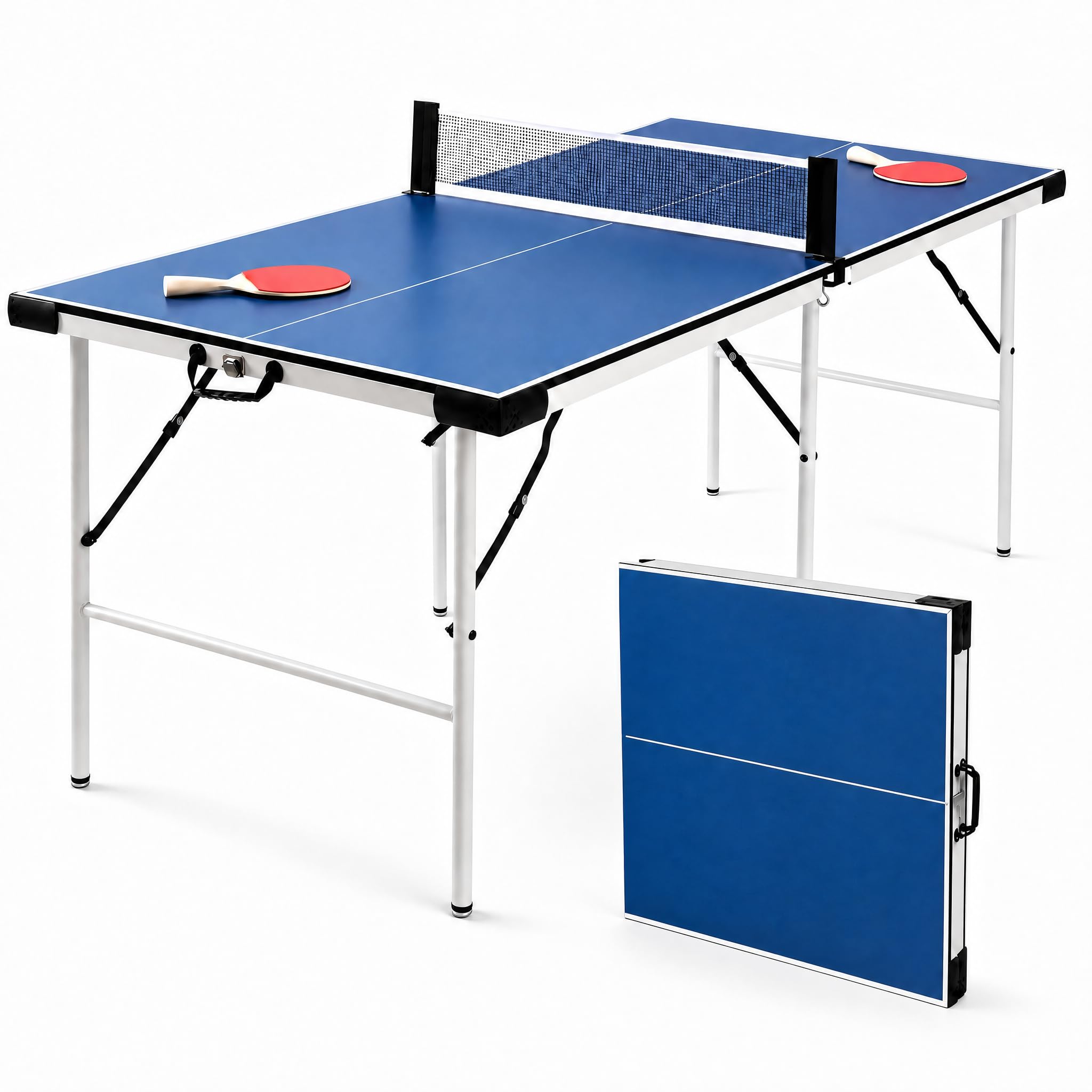 Tischtennisplatte 169cm Outdoor, Tischtennistisch Faltbar mit 6 Stützbeinen und Metallrahmen, Vormontierter Freizeitstisch Platte Stabil, Kompakte Sportplatte für Garten Terrasse Balkon