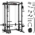 Smith Machine Home Gym with Barbell Bar, Cable System, Lat Pulldown Attachments, Safety Spotter Arms, J Hooks, Landmine, Multi-Functional Squat Rack for Full Body Strength Training