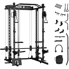 Smith Machine Home Gym with Barbell Bar, Cable System, Lat Pulldown Attachments, Safety Spotter Arms, J Hooks, Landmine, Multi-Functional Squat Rack for Full Body Strength Training