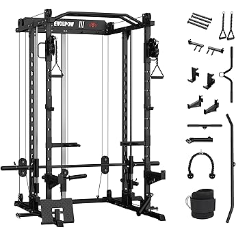 Smith Machine Home Gym with Barbell Bar, Cable System, Lat Pulldown Attachments, Safety Spotter Arms, J Hooks, Landmine, Multi-Functional Squat Rack for Full Body Strength Training