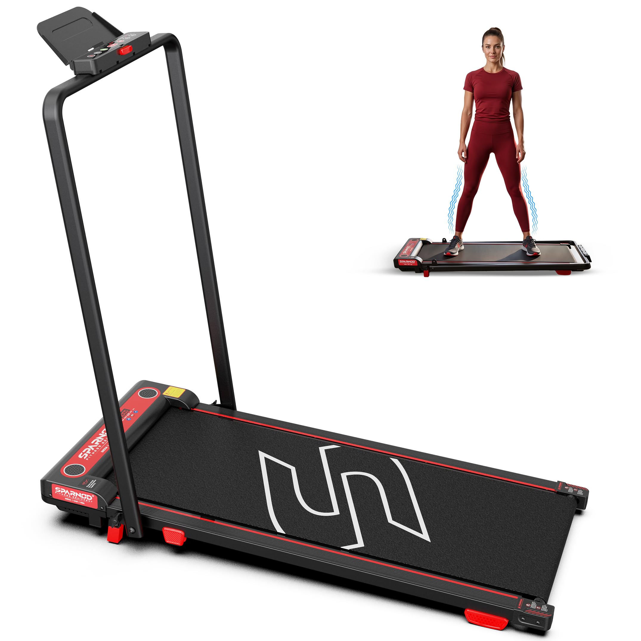 Sparnod Fitness STH-3008 2-in-1 Vibrating Treadmill with Handle Bar, 3 HP Brushless Motor, 1-10 km/h Speed, 5% Incline, LCD Display, Built-in Speakers, Foldable, 110kg Capacity-image-32