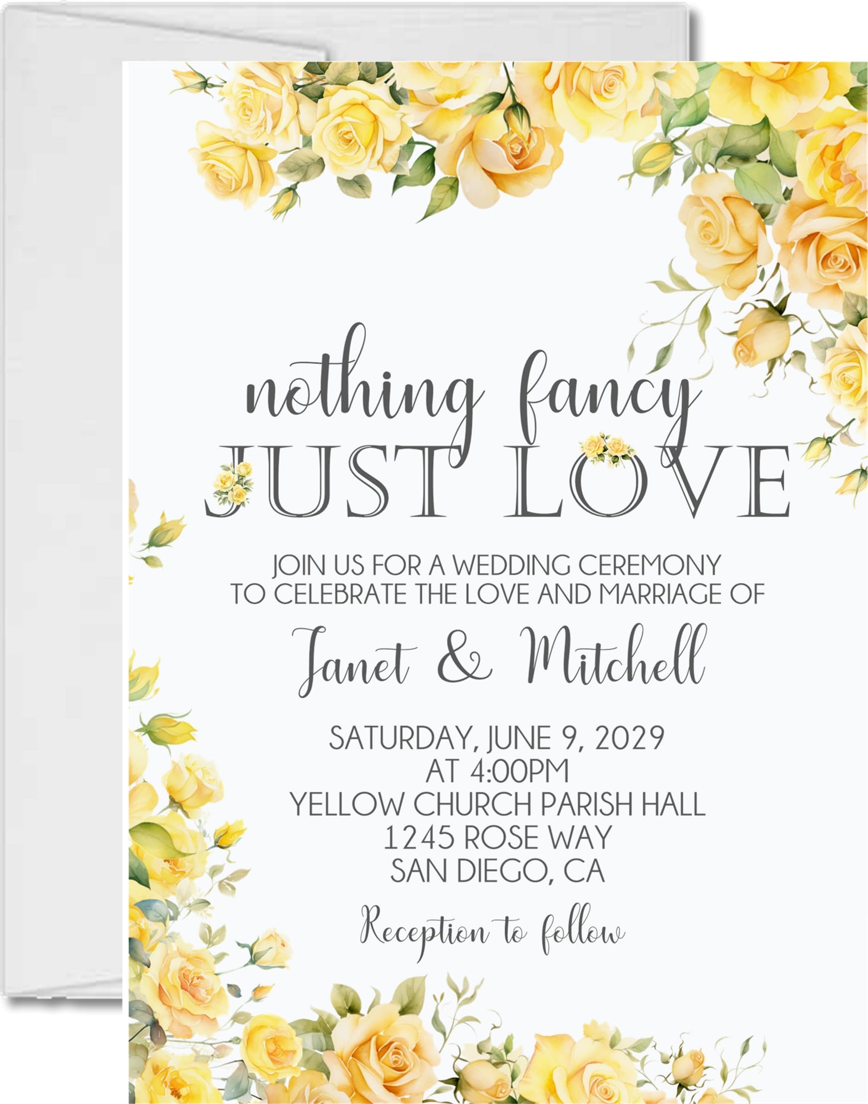 Yellow Rose Wedding Invitations, Garden Floral, Personalized, Set of 12 Invitations with Envelopes