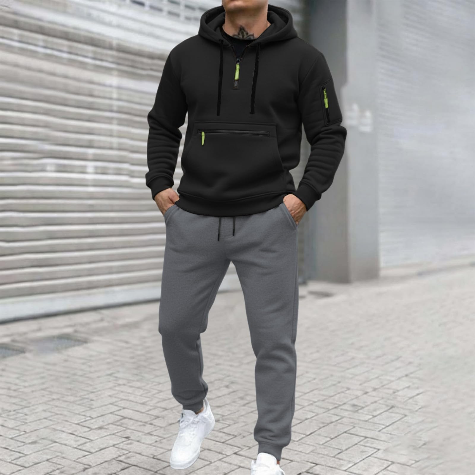 Générique Męski zestaw do joggingu 2 sztuki bluza z pończochami do joggingu siatka zima ciepły sportowy strój okrągły dekolt kieszenie miękka oddychająca wygodna lekka sportowa A119