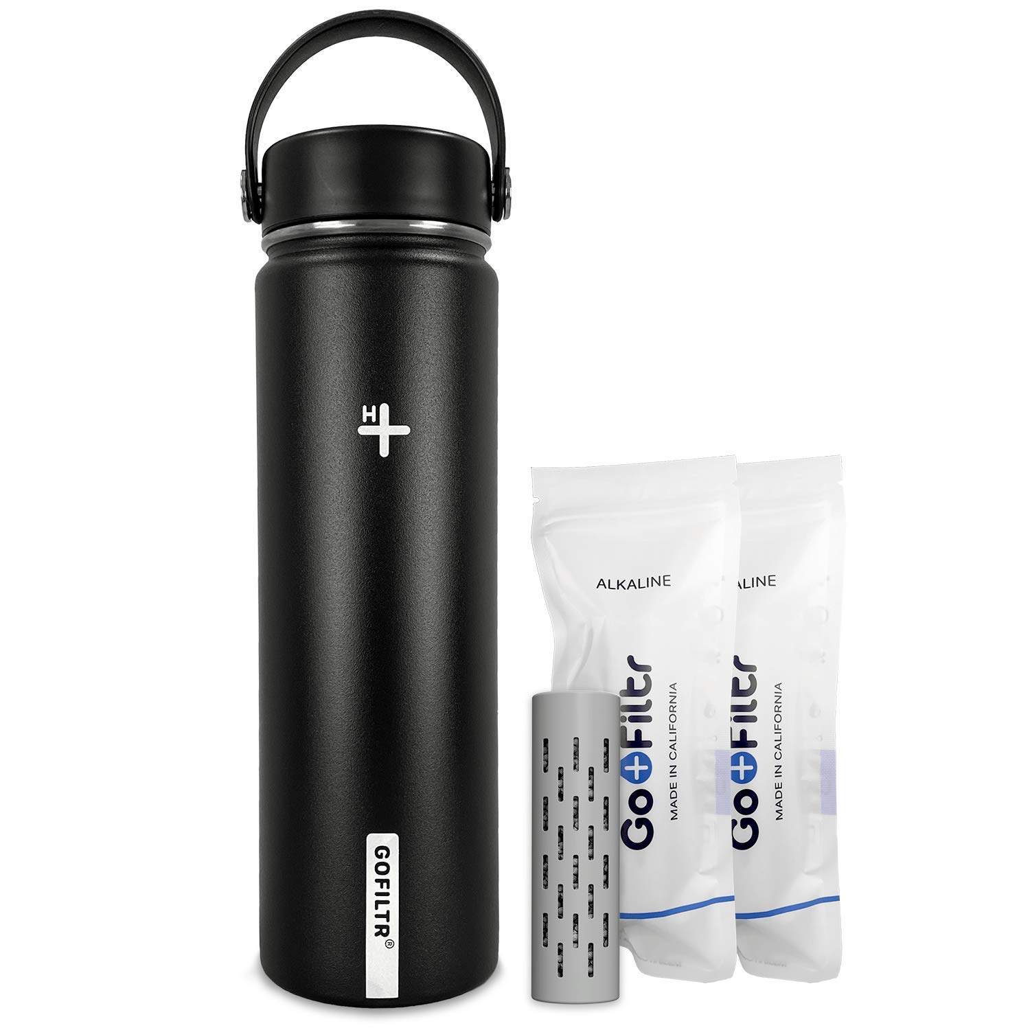 GOFILTRAlkaline Water Bottle 22 oz + 2 Alkaline Water Filter Infusers/Insulated Water Bottle That Creates Alkaline Water, Color: Onyx