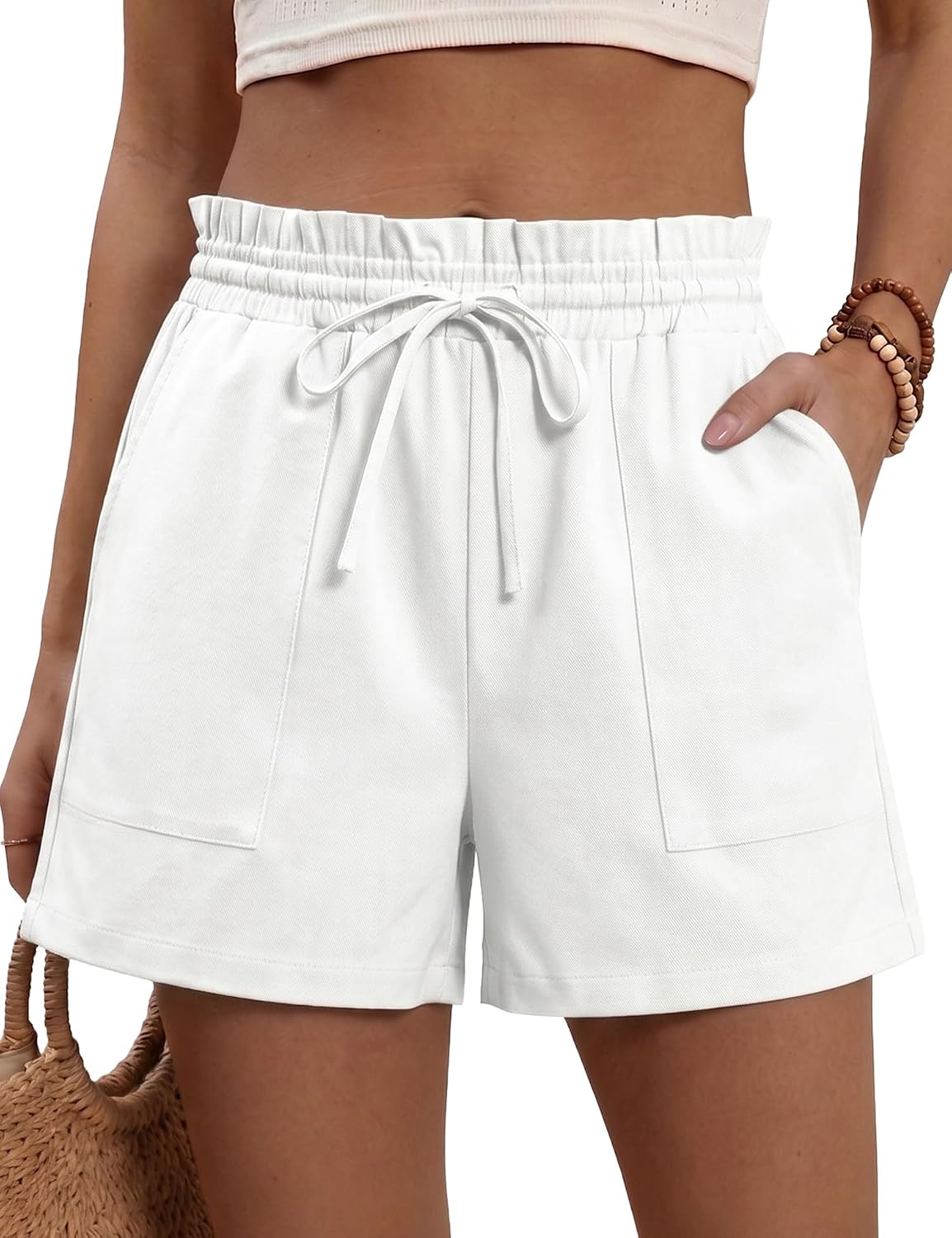 Micoson Linen Shorts for Women Ruffle Waist Wide Leg Shorts with Pockets