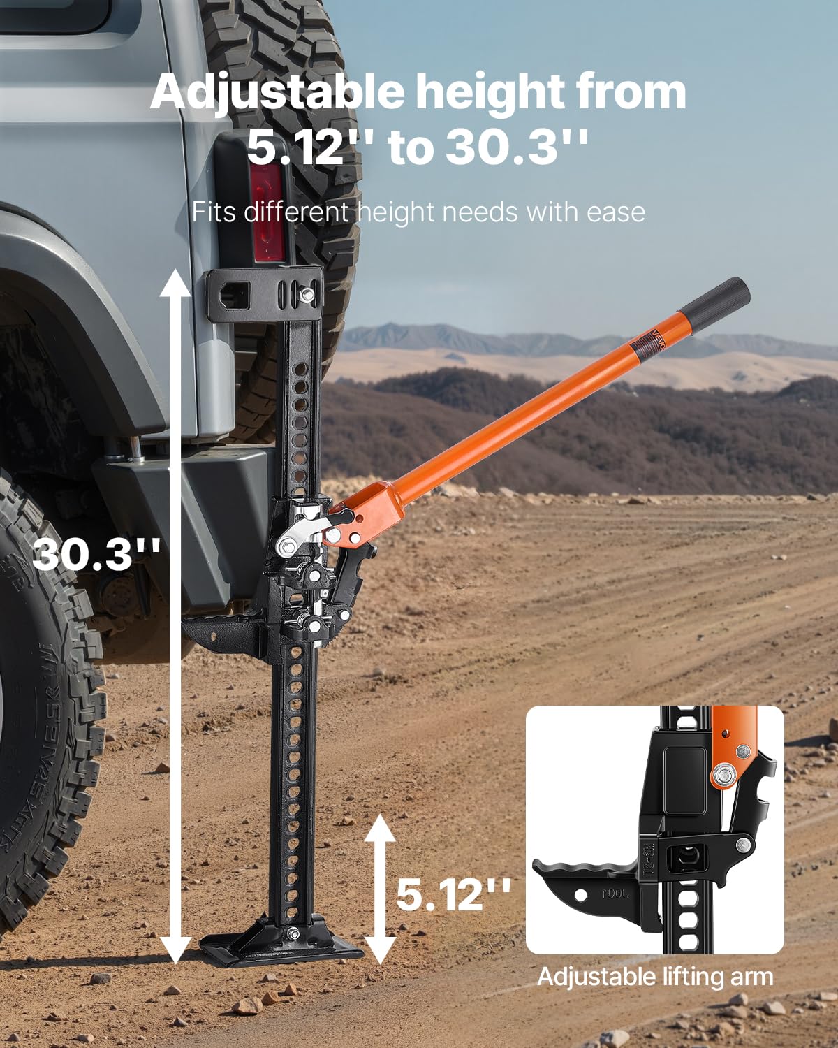 VEVOR Gato Agrícola 91,5 cm con Elevación Alta y Trinquete Carga Máxima de 3,18 T para Uso Todoterreno de Alta Resistencia con Rango de Elevación de 130,1 a 769,6 mm para Tractor, Camión, SUV