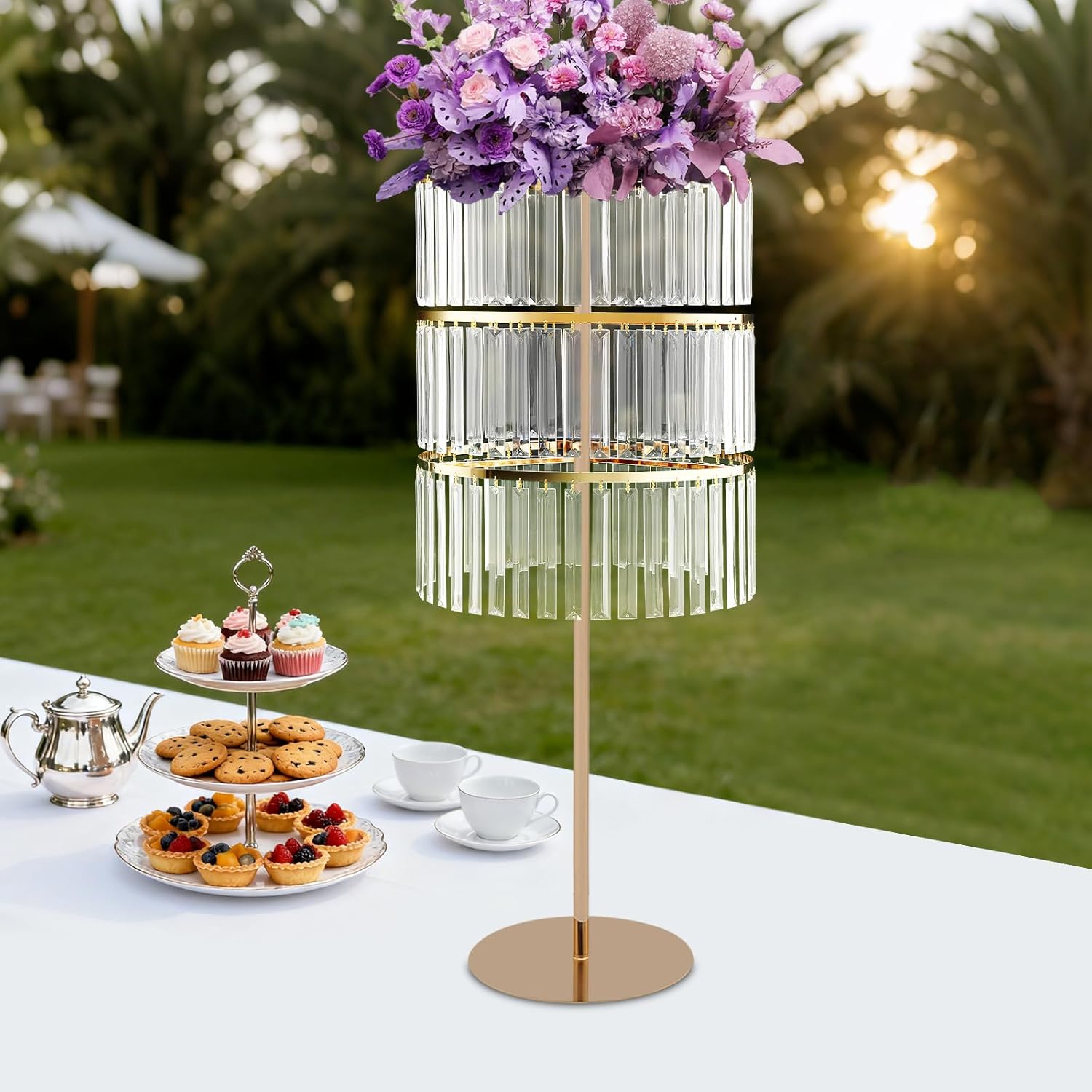 Crystal Wedding Flower Stand, 3-Tier Round Chandelier Pedestal Stand Gold Vases with Hanging Acrylic Crystals Elegant Centerpieces Decoration for Ceremony Birthday Party
