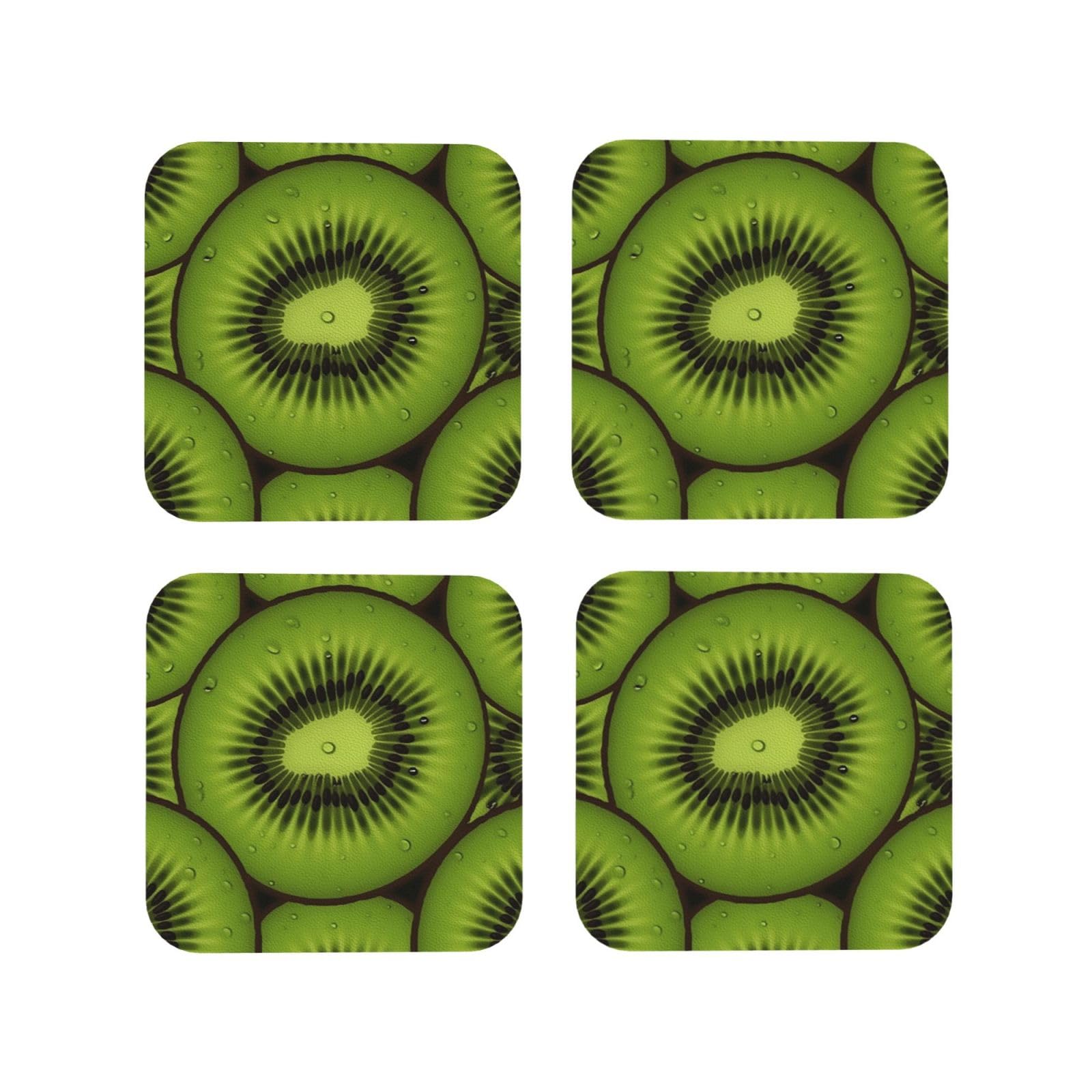 4pcs Drink Coasters for Tabletop Protection, 4" Leather Coasters for Drinks, Kiwi Slices Cup Coasters for Coffee Table Decor, Non-Slip Drinking Cup Mat for Hot Or Cold Drink