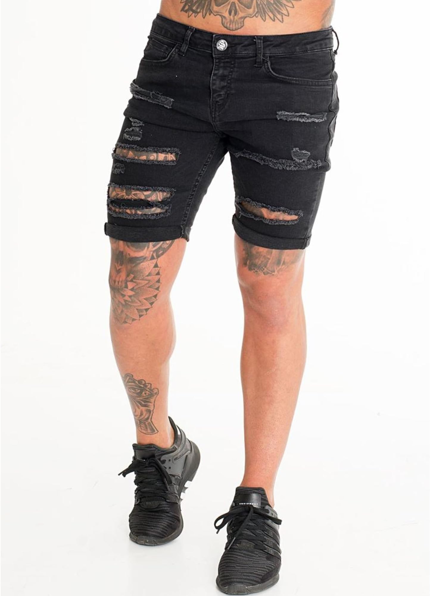 Sinners Attire Mens Ripped and Repaired Skinny Jeans Short I Spray on Jeans I Strechjeans I different colours and designs available