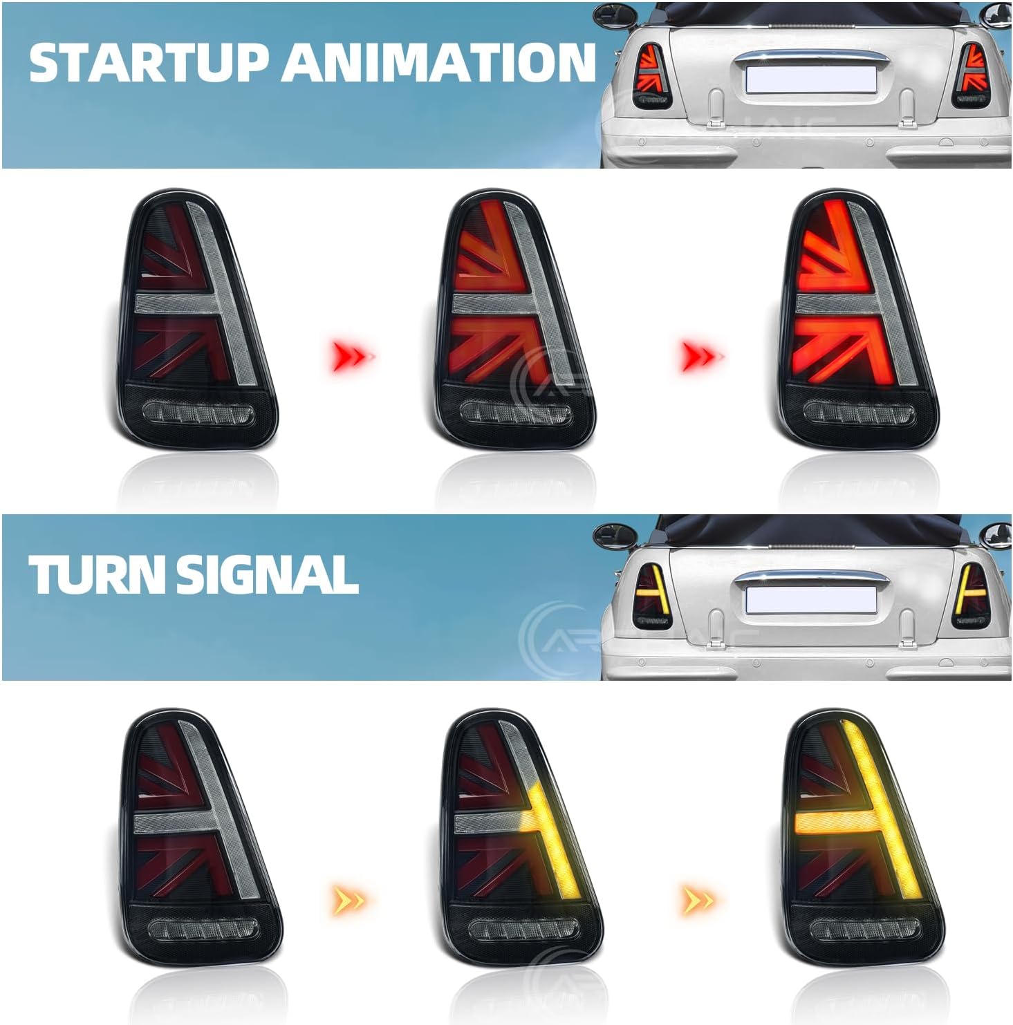 Archaic Tail Lights Compatible with 2001-06 Mini Hatch R50 R53 [One D,Cooper S,Cooper] & 2004-08 Mini Cabrio R52 [Cooper S,One],w/Startup Animation/Sequential Turn Signal,Pair