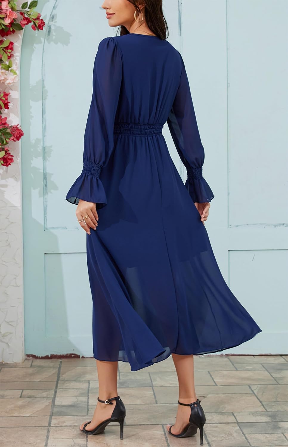 Kormei Women's Fall Maxi Dress Long Sleeve V Neck A Line Flowy Wedding Guest Cocktail Party Dresses - Image 5