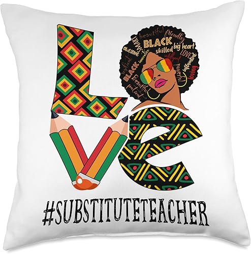 Black History Month Gifts & Apparel Substitute Teacher Love Afro African Black History Month Throw Pillow, 18x18, Multicolor