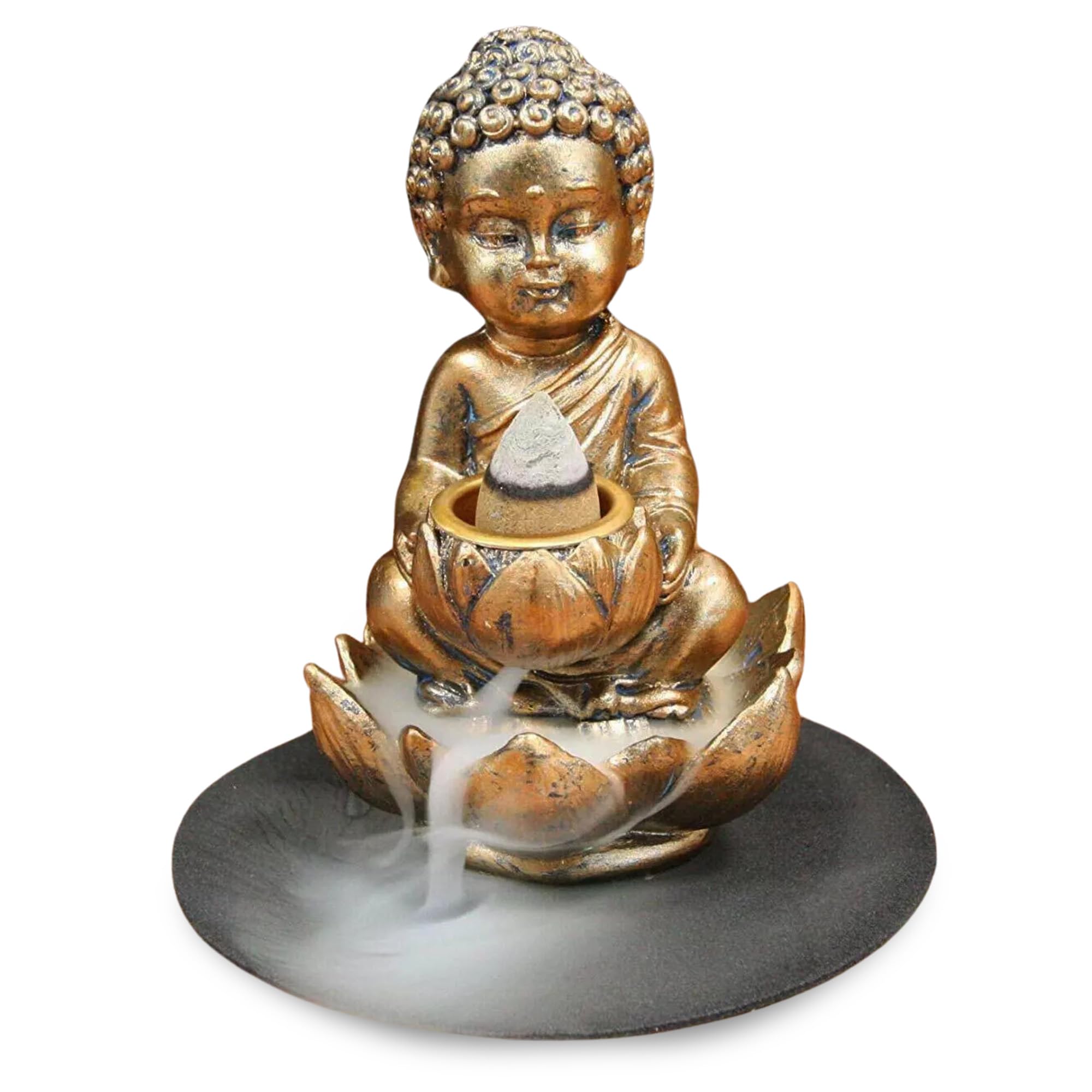 Quemador Incienso Natural para Conos de reflujo - Figura Budas Decorativos - Ideal para Ritual Zen y Reiki - Decoración con Flor de Loto para jardín Zen Efecto Cascada - Posibilidad de Varilla