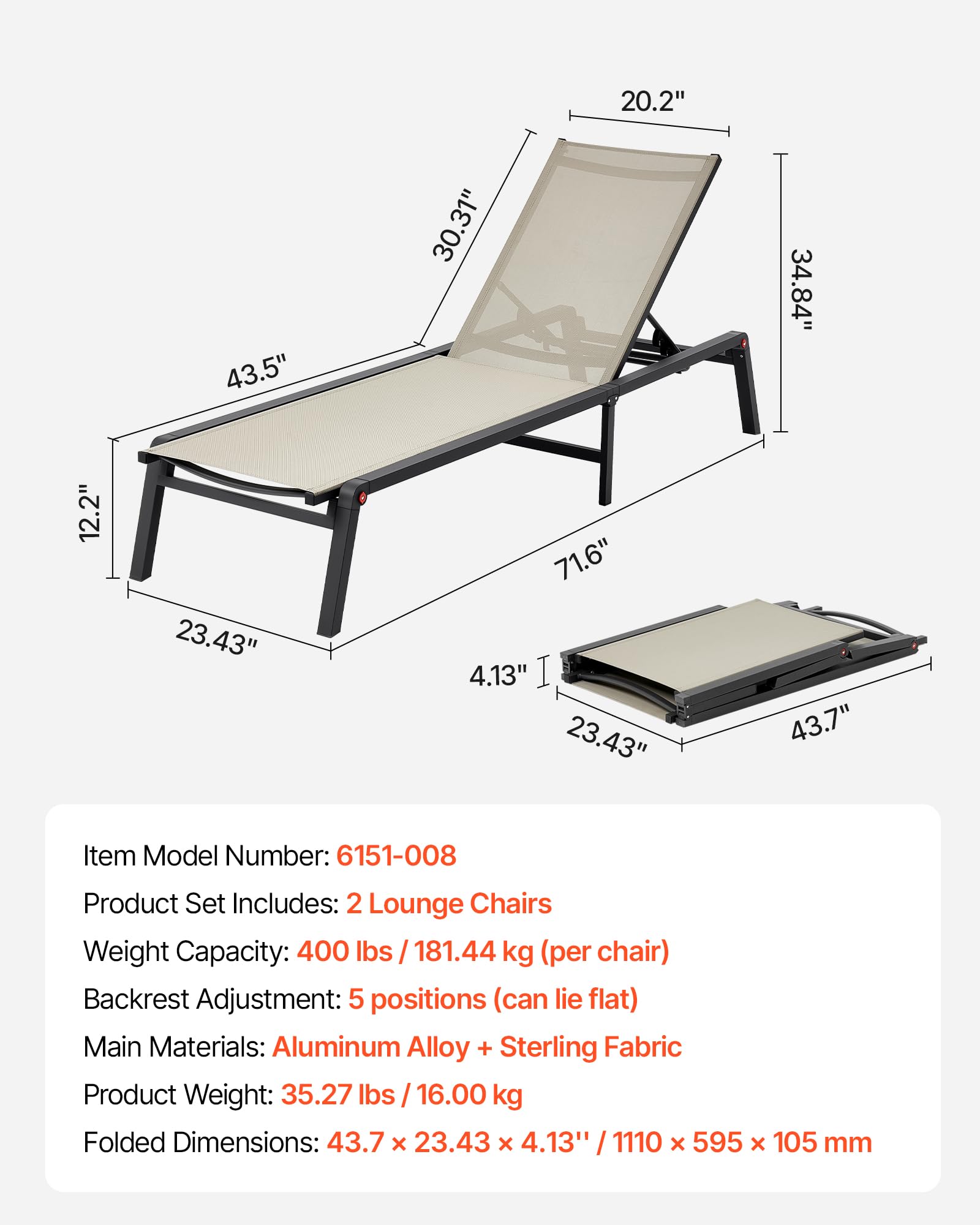 VEVOR Set di Sedie a Sdraio da Esterno 2 pezzi, Carico 180 kg, Sedia a Sdraio Pieghevole, Posizioni Regolabili, Facile da Montare, Sdraio Reclinabili in Alluminio per Piscina, Spiaggia, Giardino