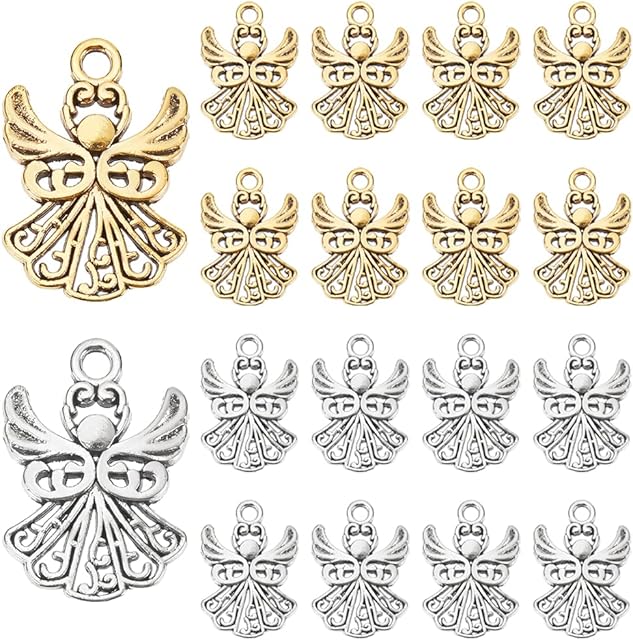 PandaHall Elite 80pcs Angel Charm Guardian Angel Pendants Tibetan Style Spacer Beads for Bracelet Necklace Jewellery DIY Craft Making Gife Decor, Antique Golden/Antique Silver