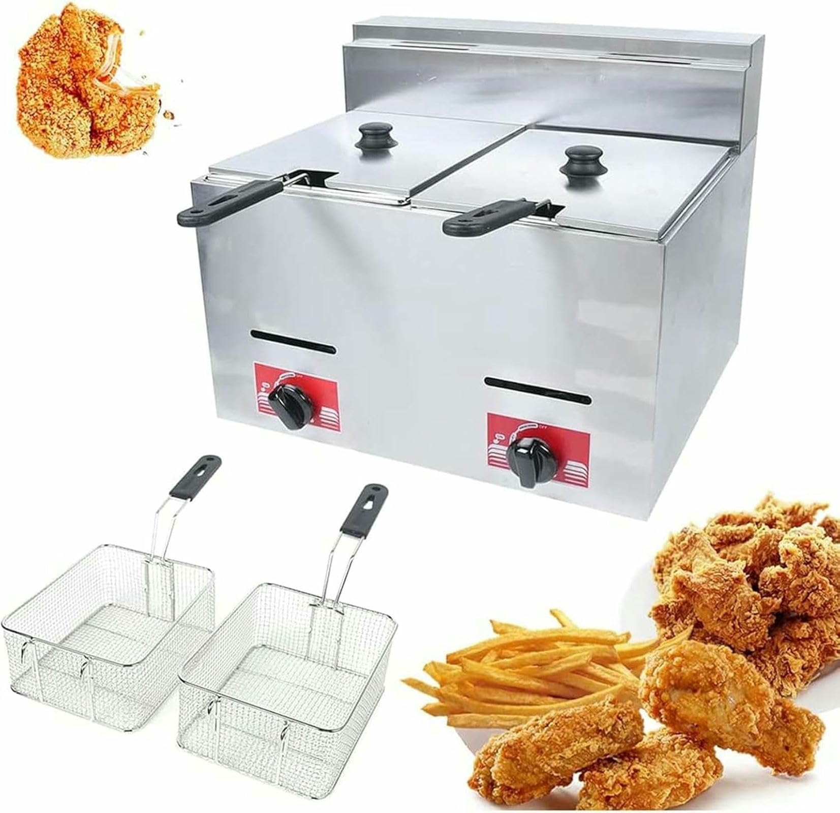 Cesta para freidora de Grasa Comercial de 6 l x 2 Pulgadas, freidora de Gas GLP Comercial de encimera de Acero Inoxidable, freidora de Gas Profesional con Cesta y Pala para Cocina Comercial