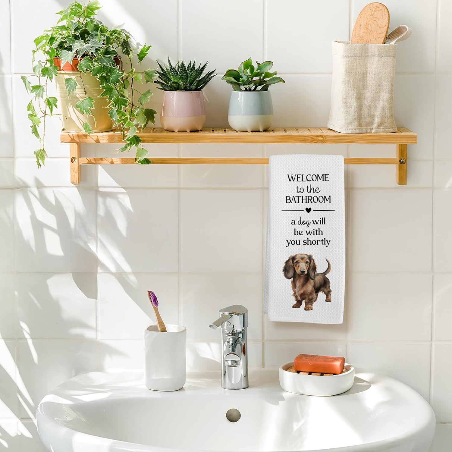 Funny Long Haired Dachshund Dog Hand Towels, Dachshund Gifts for Women Hand Towel, A Dog Will Be with You Shortly Decorative Towels Bath Towel for Bathroom, Funny Puppy Bathroom Decor, 16x24in - Image 5