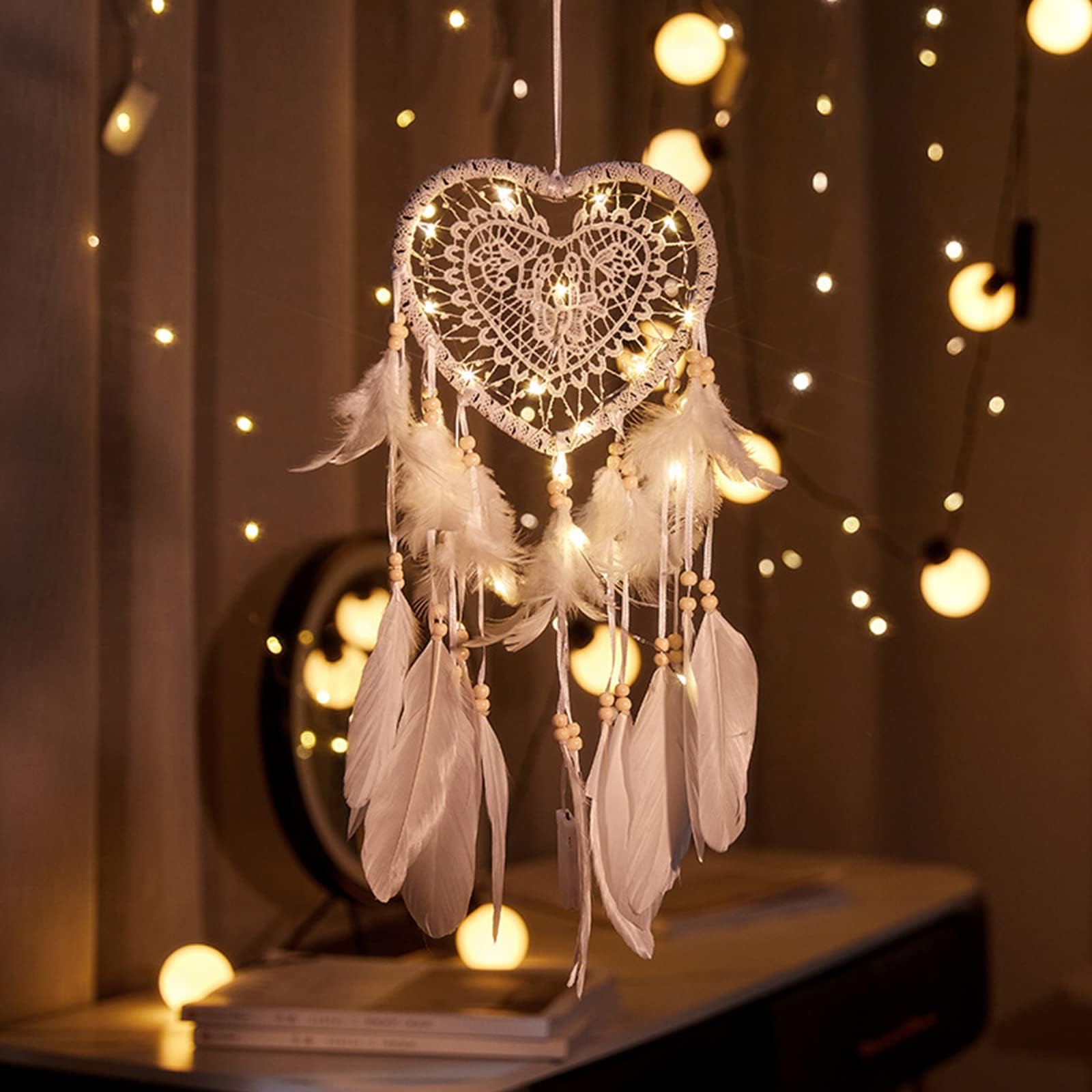 Attrape-Rêves Carrousel Lumineux Avec Plumes - Décoration Bohème LED Pour Chambre, Cadeau Rêveur