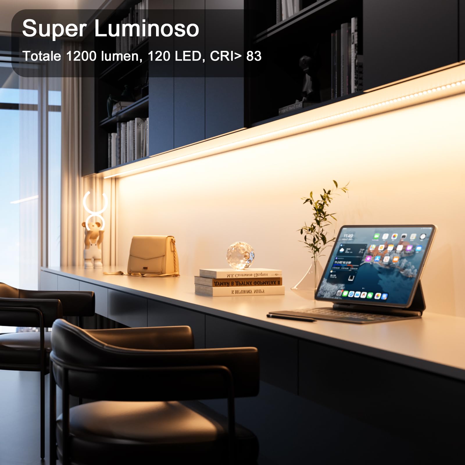 WOBANE Striscia Led Cucina Sottopensile 2 metri, 4X50cm Strisce Led Adesiva per Cucina con Interruttore e Spina, 1200LM Illuminazione Sotto Pensile per Vetrine,Scrivania,TV,Bianco Naturale 4000K,Nero