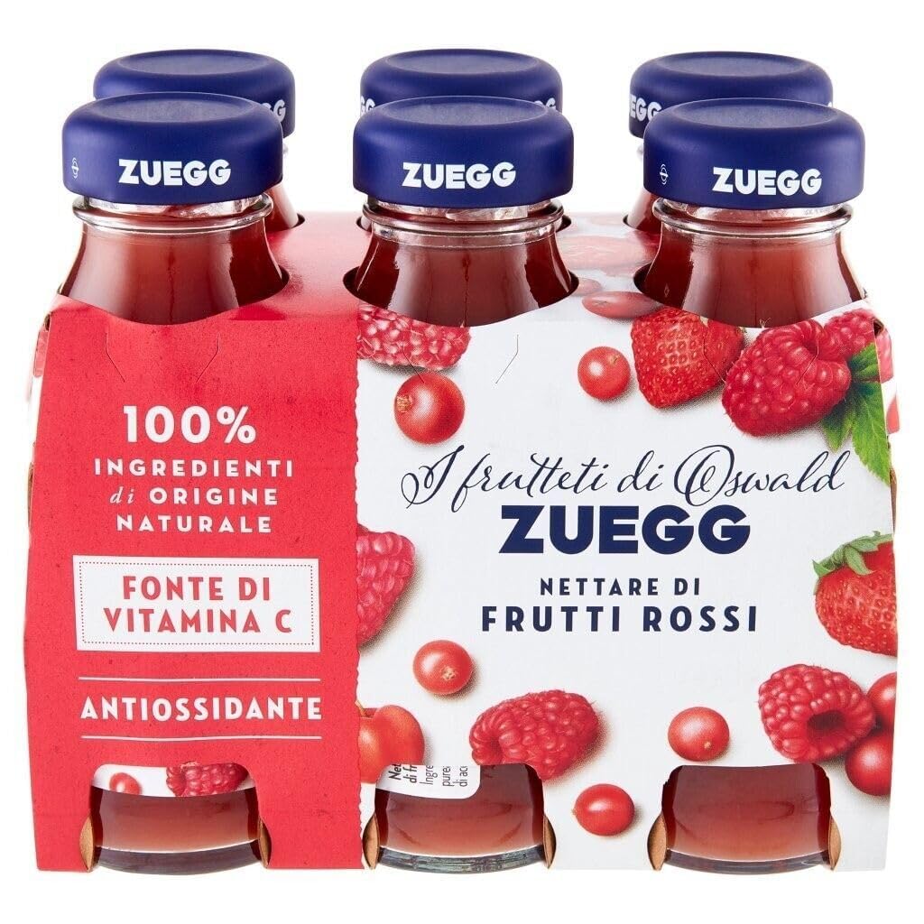 Zuegg Lot de 48 paquets de test Frutti Rossi + Mirtillo, jus de fruits rouges + jus de myrtille, boisson rafraîchissante sans alcool, bouteille en verre jetable de 125 ml + porte-clés Beni Culinari