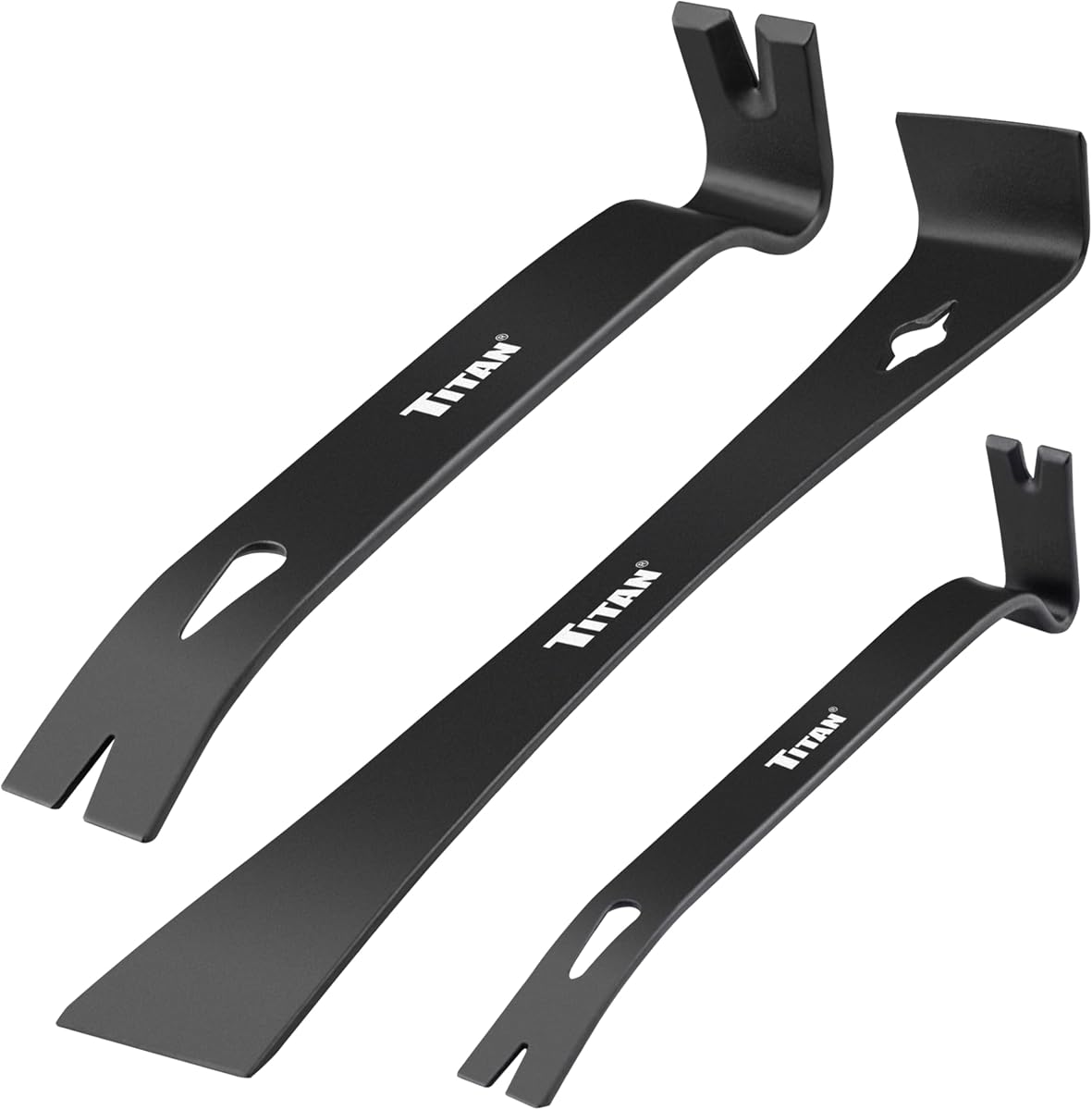 Titan 17121 Juego de palanca plana de 3 piezas, barras de garras utilitarias de 5,5", 7,5" y 9,5" con extractor de clavos, barra maravilla de acero forjado