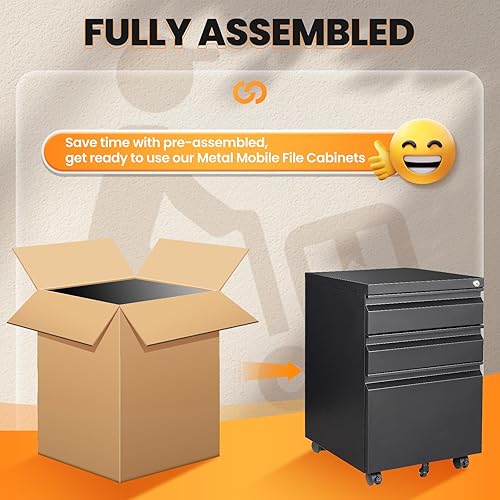Vista 143 de Archivador de 3 cajones, archivador móvil totalmente ensamblado con cerradura para oficina en casa, caninete de metal con ruedas, cabina de tres