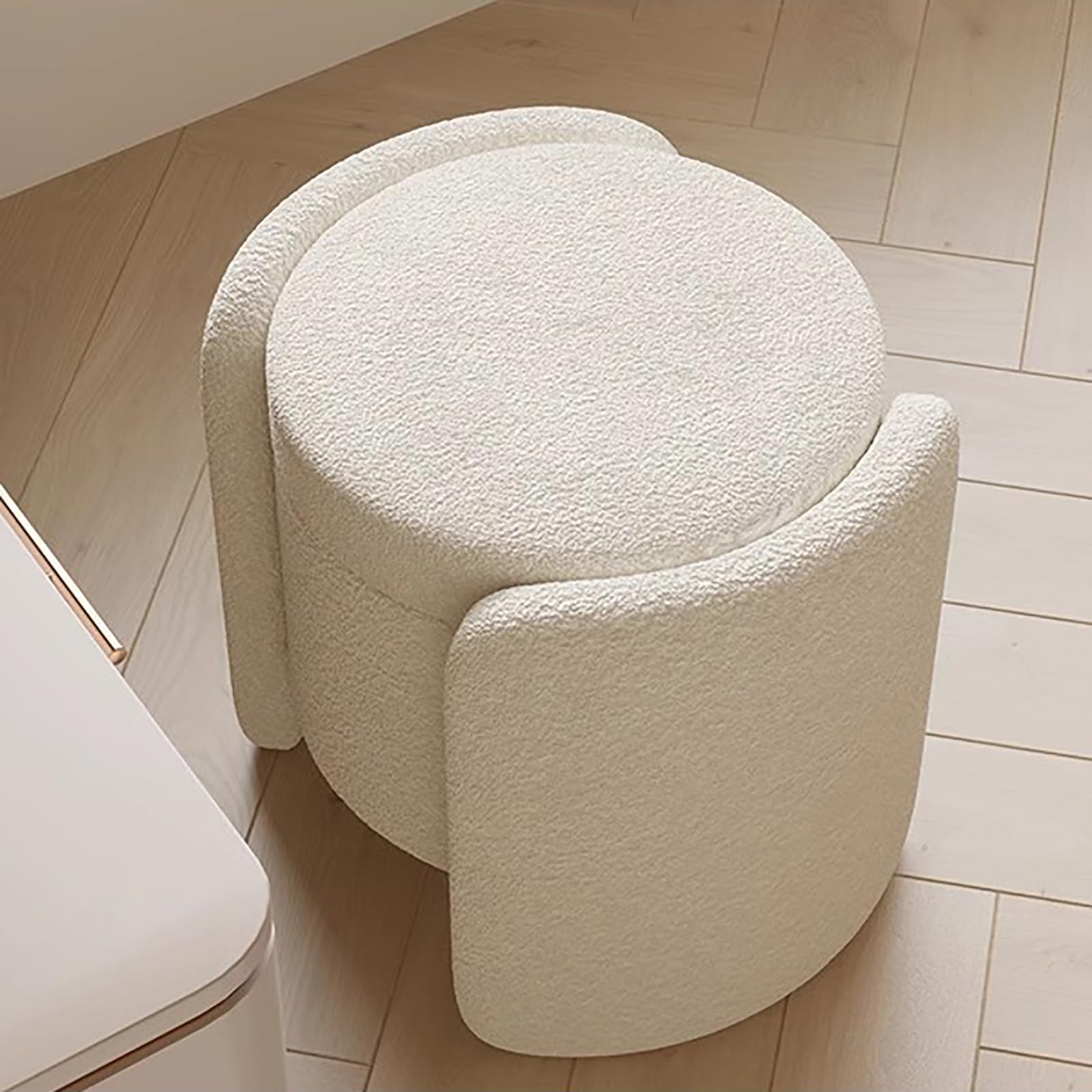 Pouf Contenitore Imbottito Con Rivestimento Bouclé | Sgabello Scandinavo 42x42x47cm | Crema/Bianco | Per Salotto - Foto 5