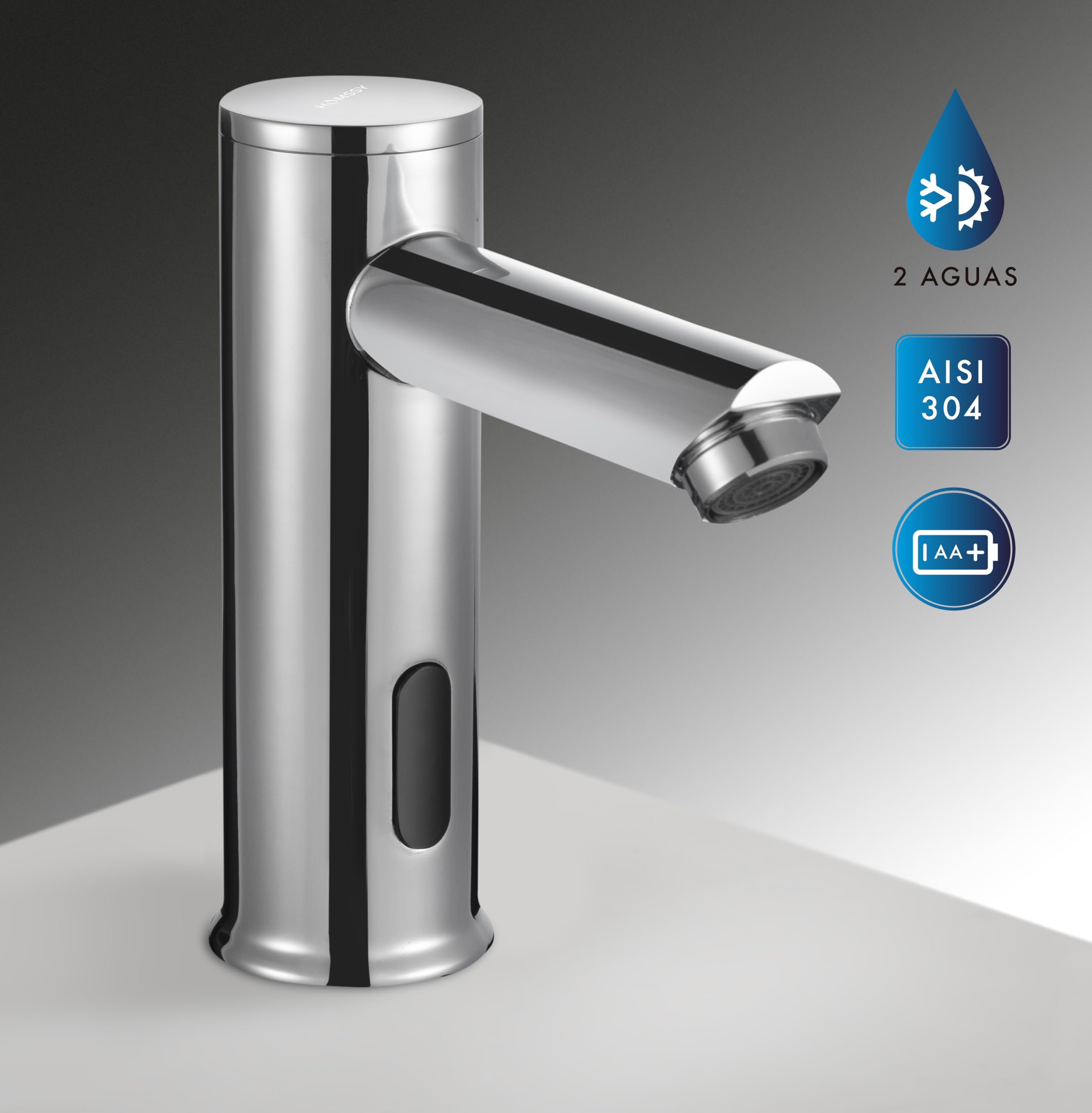Rubinetto elettronico basso con sensore a infrarossi, senza contatto, 2 acque con premiscelatore regolabile (calda/fredda), ottone cromato – per lavabo bagno