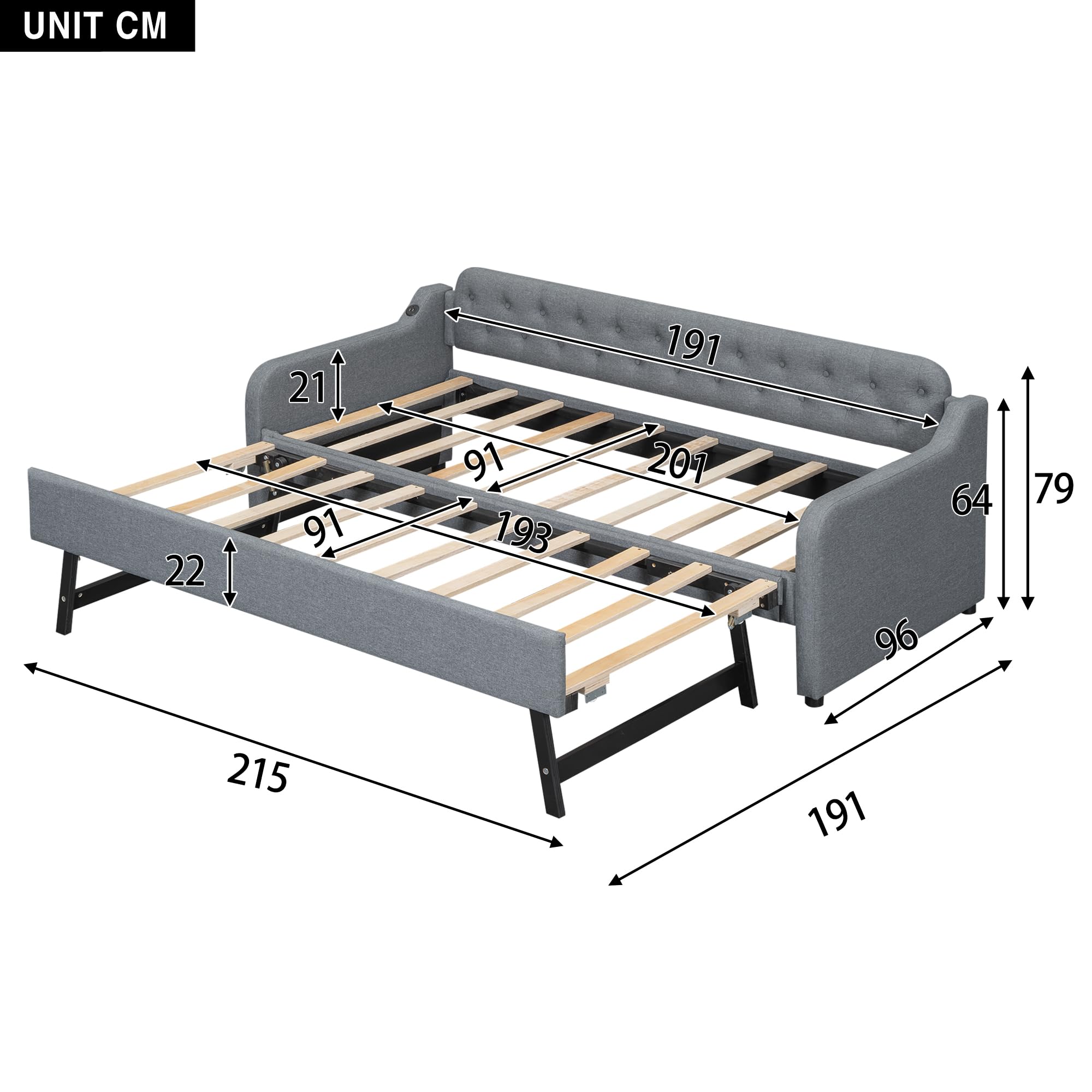 Sofá Cama de 90×200 cm con Cama abatible y USB (Gris, sin colchón), sofá Cama con Superficie para Dormir extraíble – Diseño Moderno 2 en 1 con práctico Puerto USB