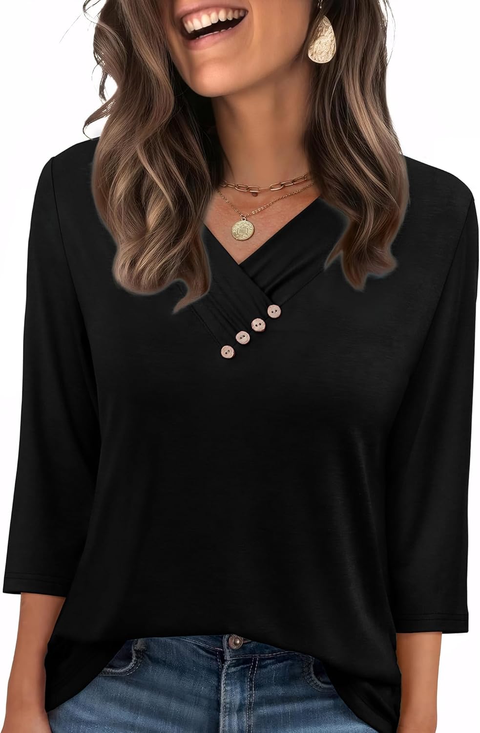 Sampeel Women's V Neck 3/4 Length Sleeve Button Down Shirt