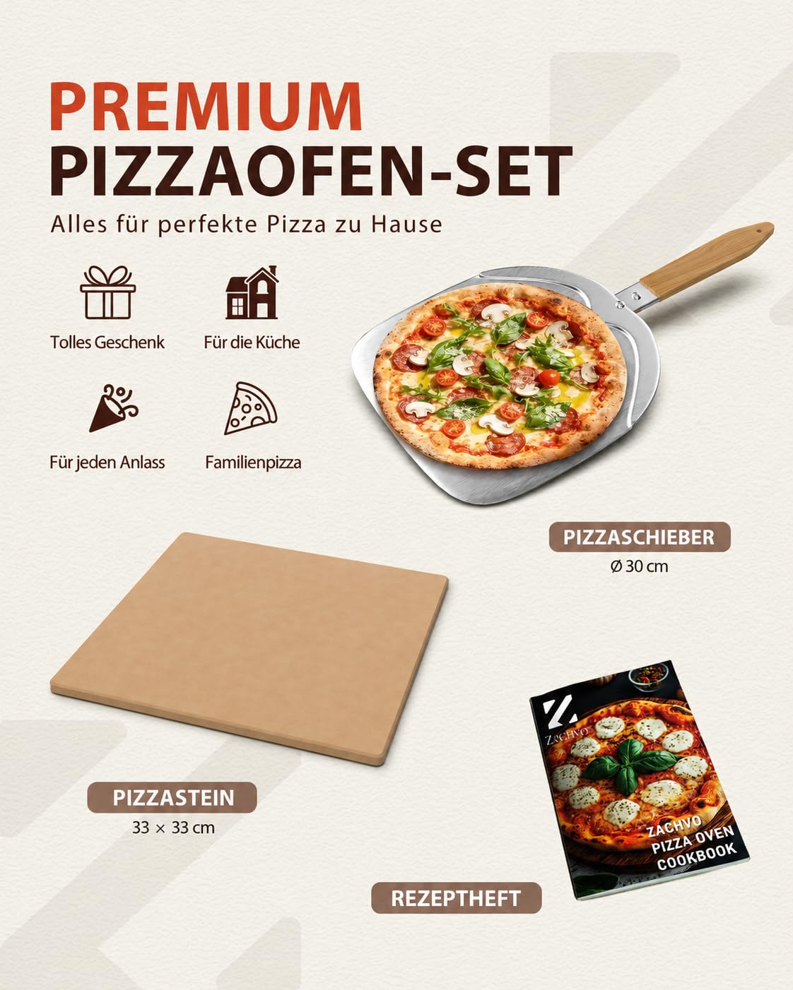 Elektrischer Pizzaofen - bis 450℃, 5 voreingestellte Pizzaarten, 1-60 Min Timer, Touchscreen & Drehregler, Edelstahlgehäuse, für 32cm Pizza, inkl. Pizzastein, Pizzaschieber, Rezeptbuch, Schwarz,HF1201